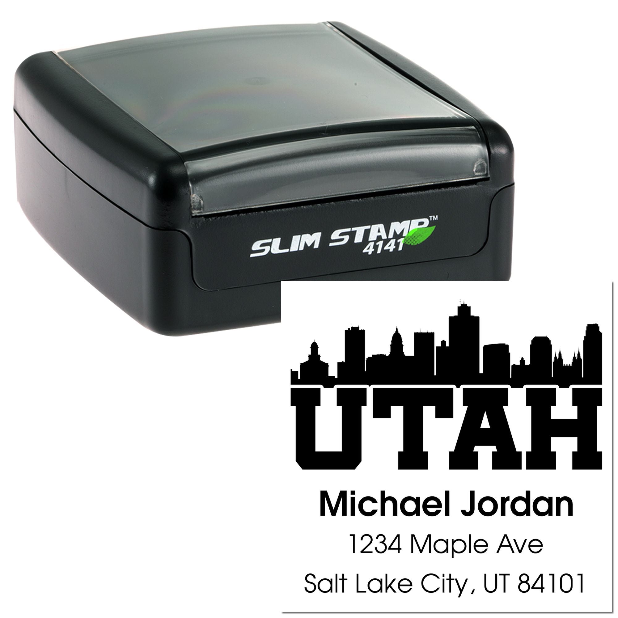 Custom self-inking rubber stamp with Utah skyline return address design for business mailings.