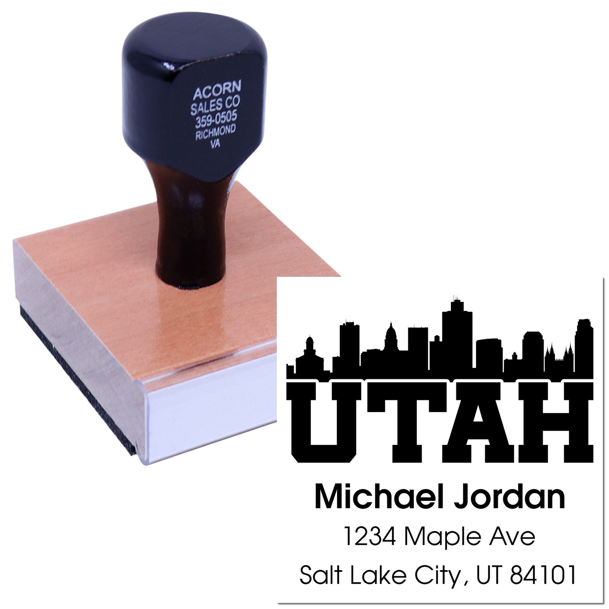 Custom Utah return address rubber stamp with skyline logo for business mail, branding, and personal correspondence.