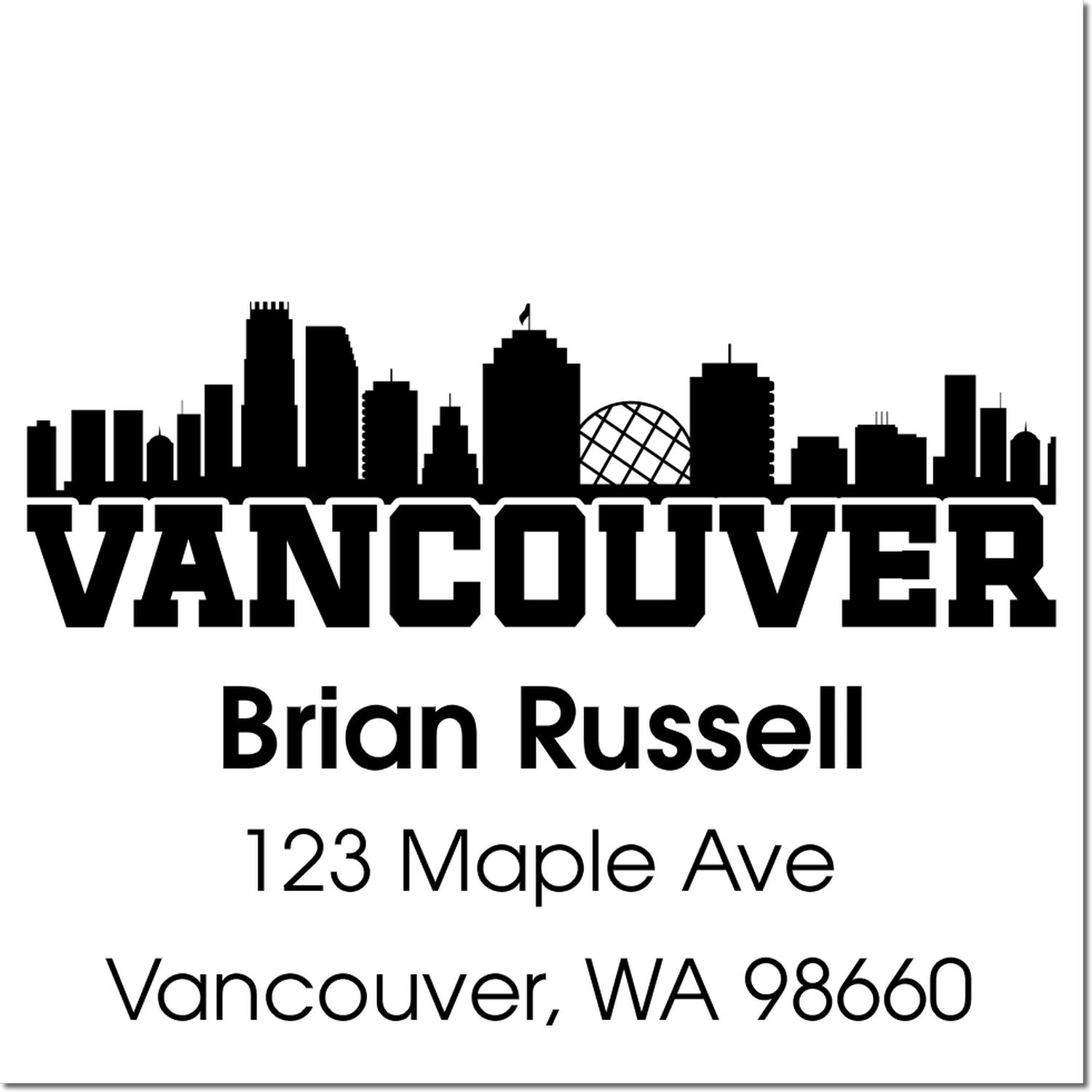 Custom Vancouver address rubber stamp with skyline, featuring Brian Russell, 123 Maple Ave, Vancouver, WA 98660.
