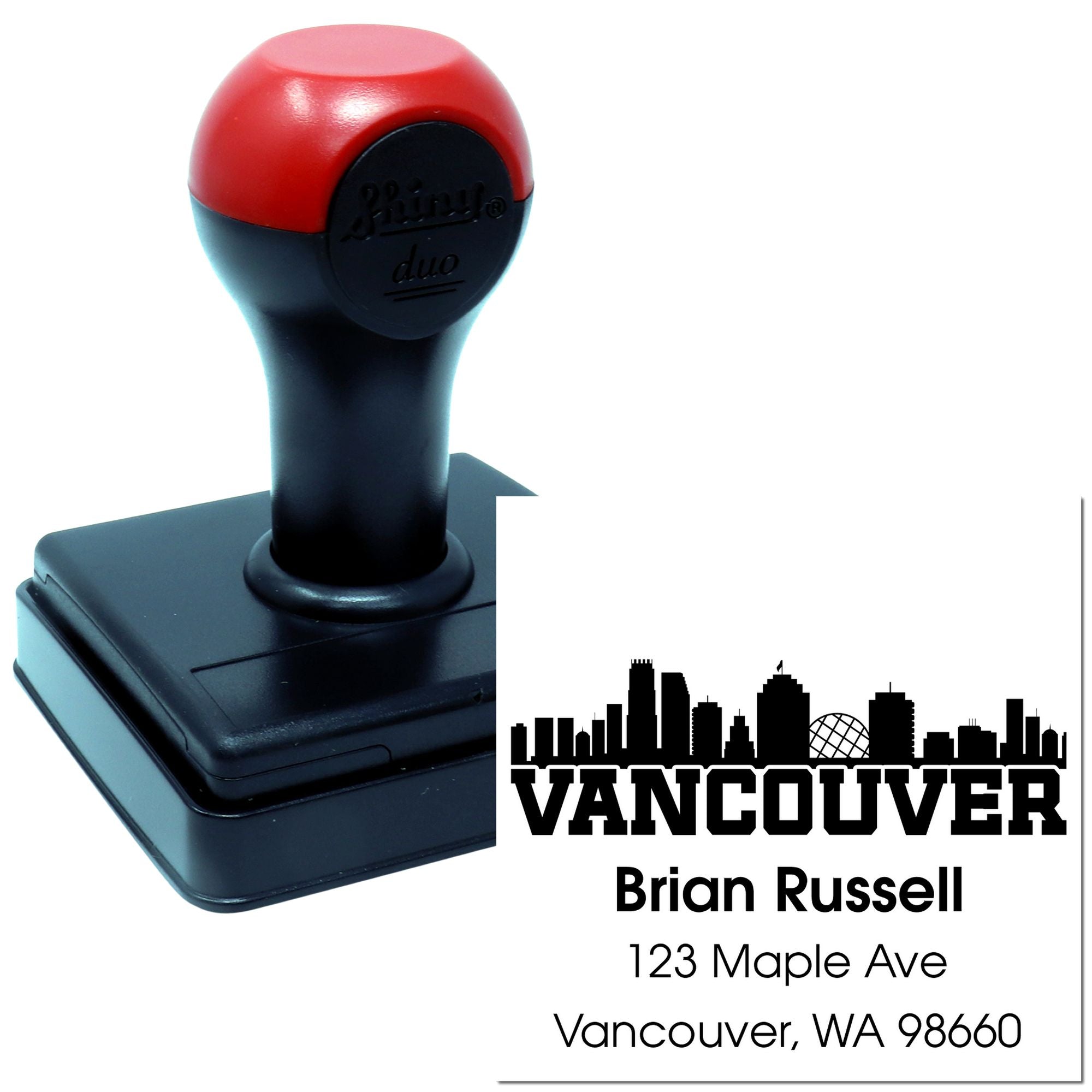 Custom self-inking rubber address stamp with Vancouver logo, Brian Russell, and 123 Maple Ave, Vancouver, WA 98660