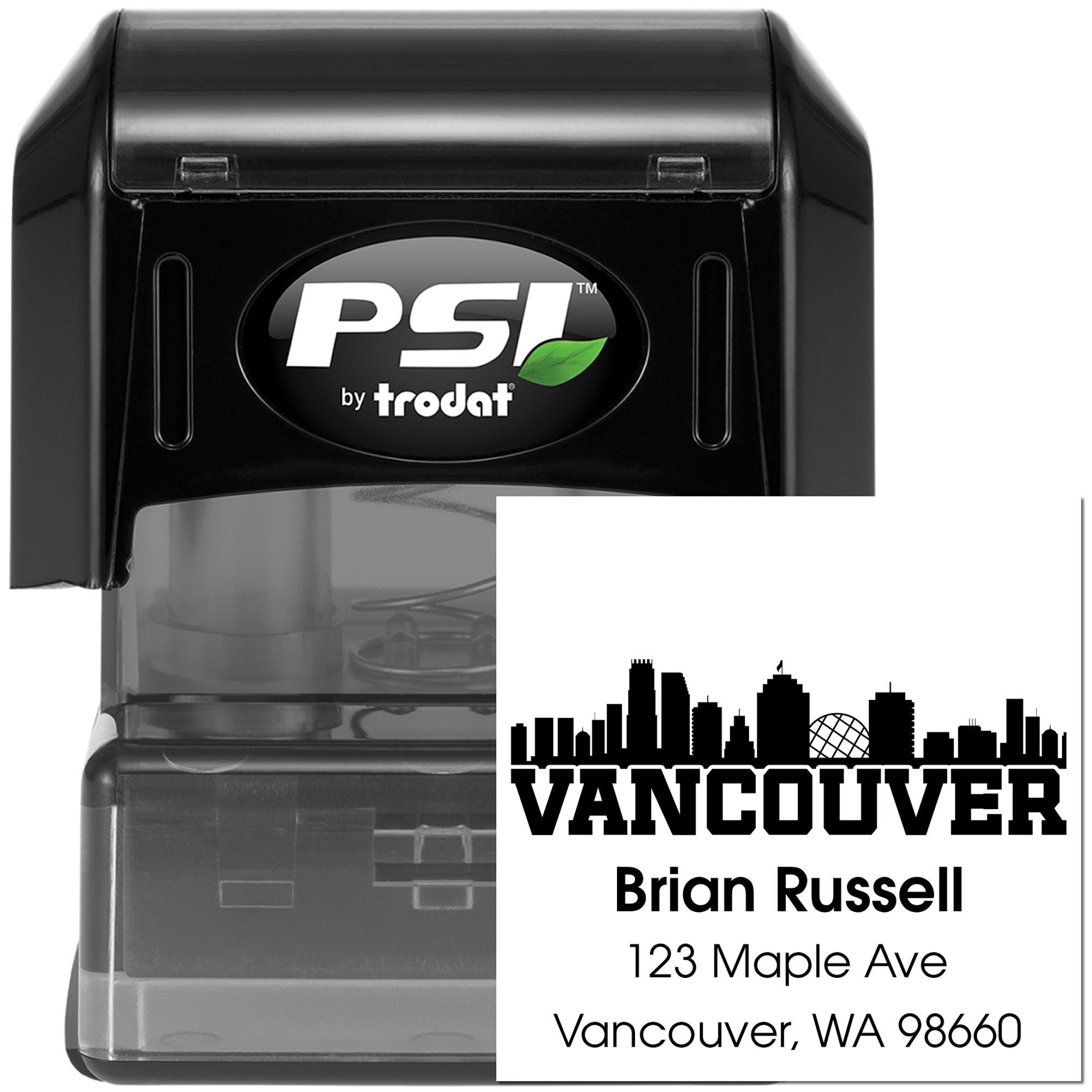 Custom self-inking rubber return address stamp with Vancouver skyline, name, and address by PSI Trodat.