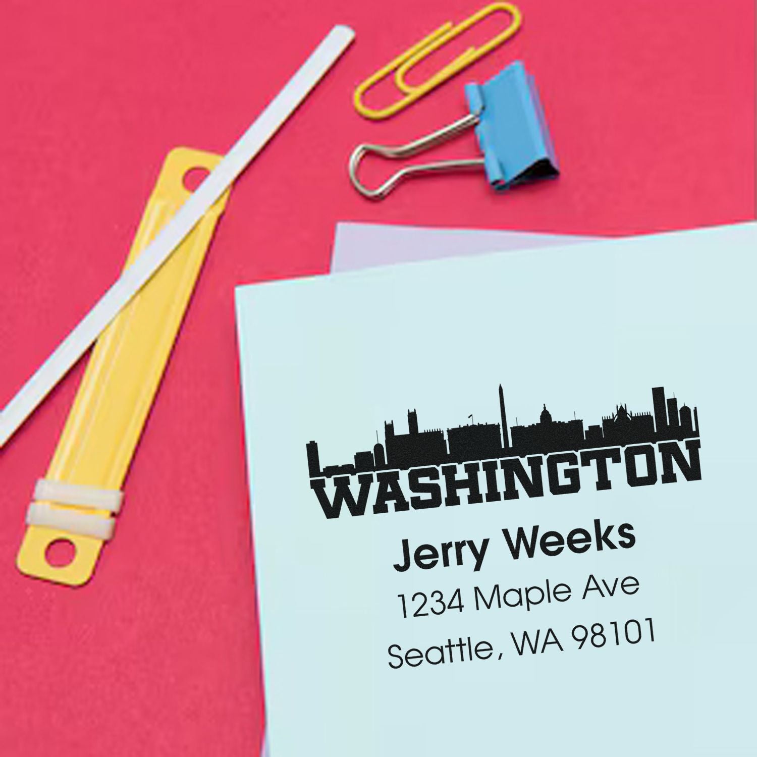 Custom Washington return address rubber stamp on envelope, featuring Jerry Weeks mailing details for business correspondence.
