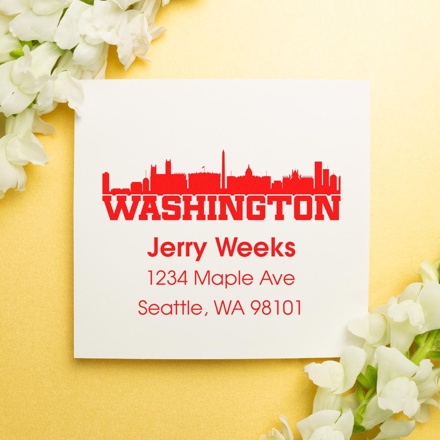Custom Washington return address rubber stamp with Seattle skyline and personalized name and address.