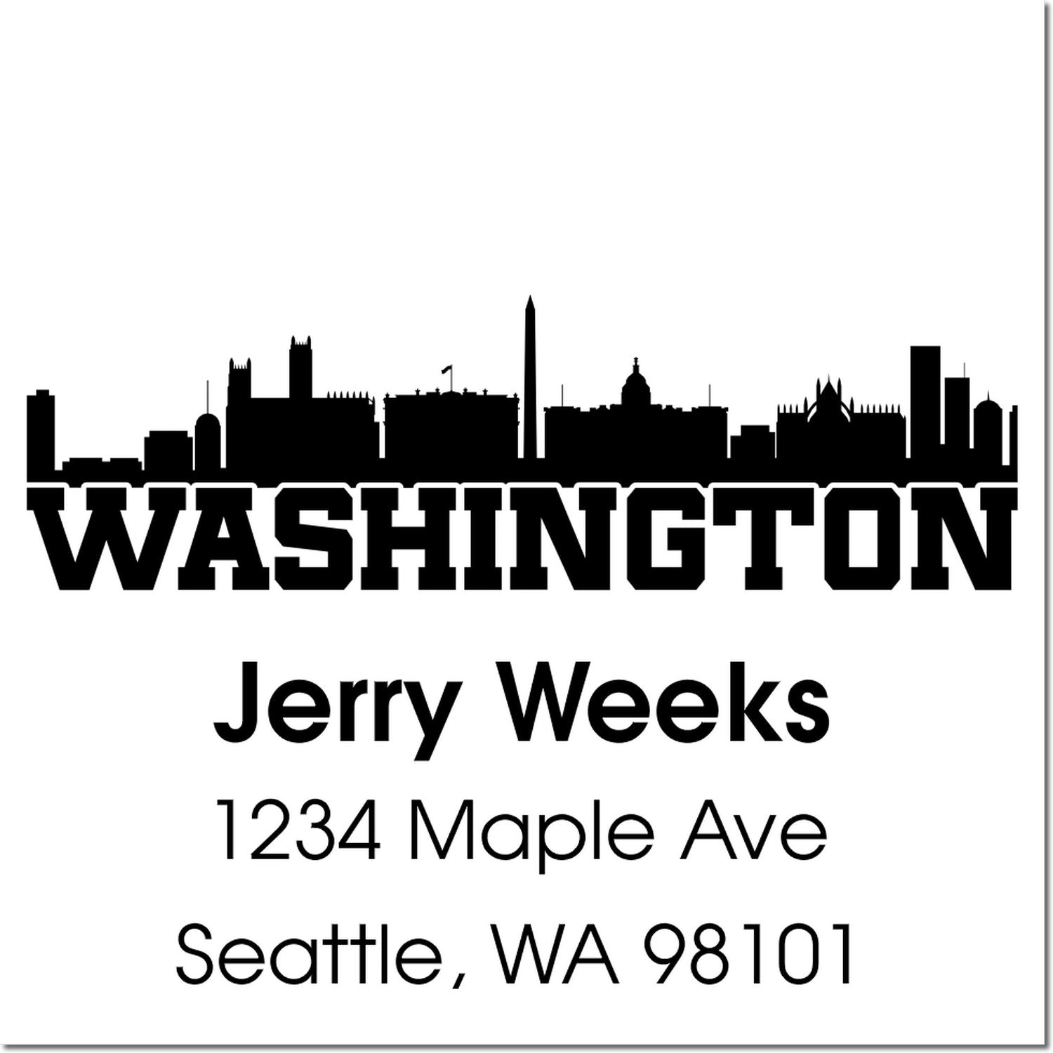 Custom Seattle, WA rubber address stamp with skyline design, featuring Jerry Weeks and 1234 Maple Ave for mailing.