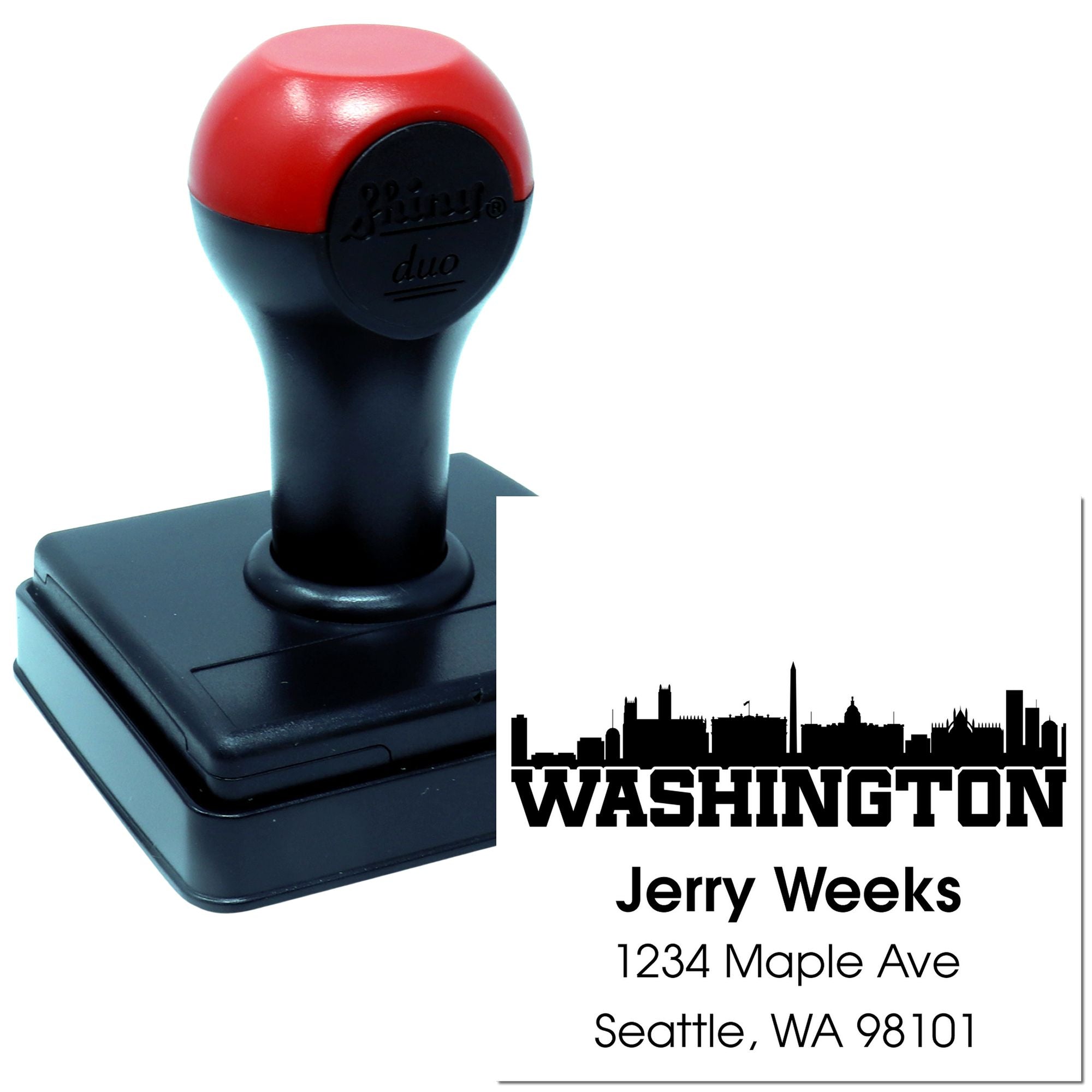 Custom self-inking rubber stamp with Washington skyline return address for personalized Seattle, WA mailings.