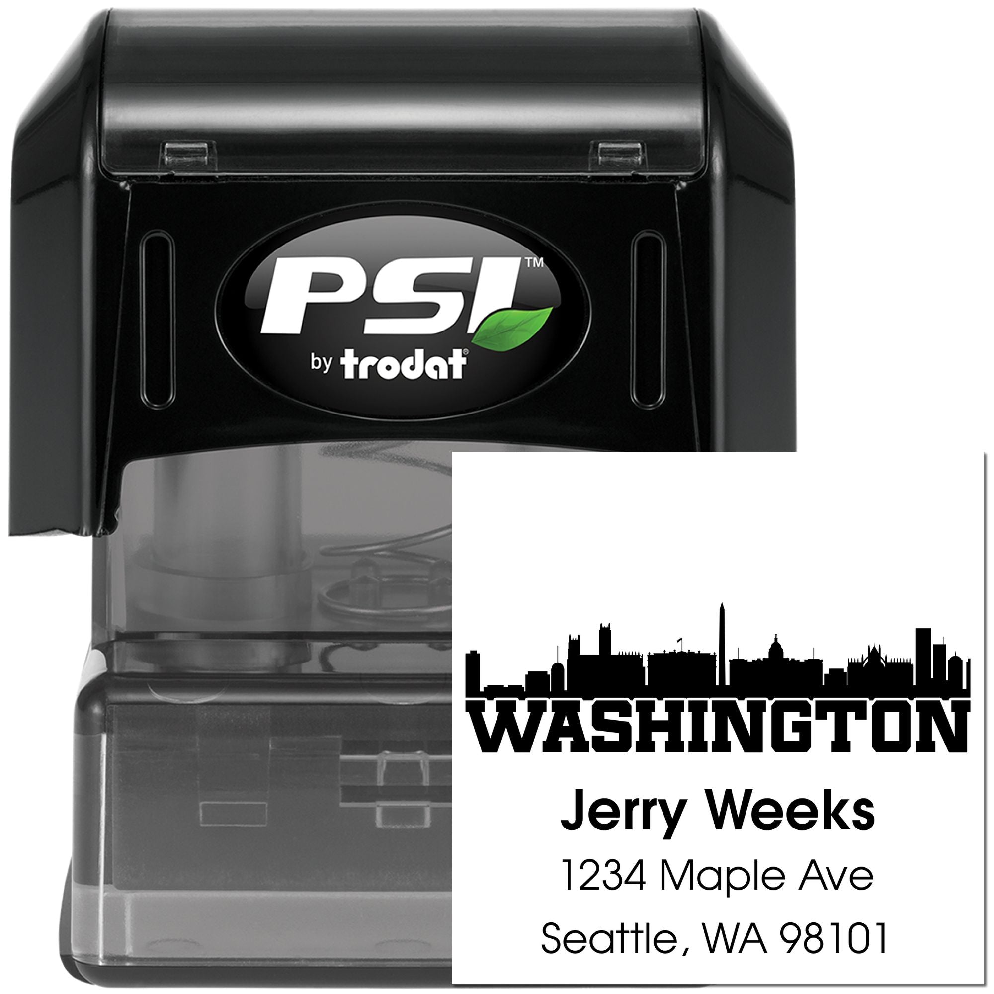 PSI by Trodat self-inking rubber address stamp with Washington skyline and Seattle, WA return address for Jerry Weeks