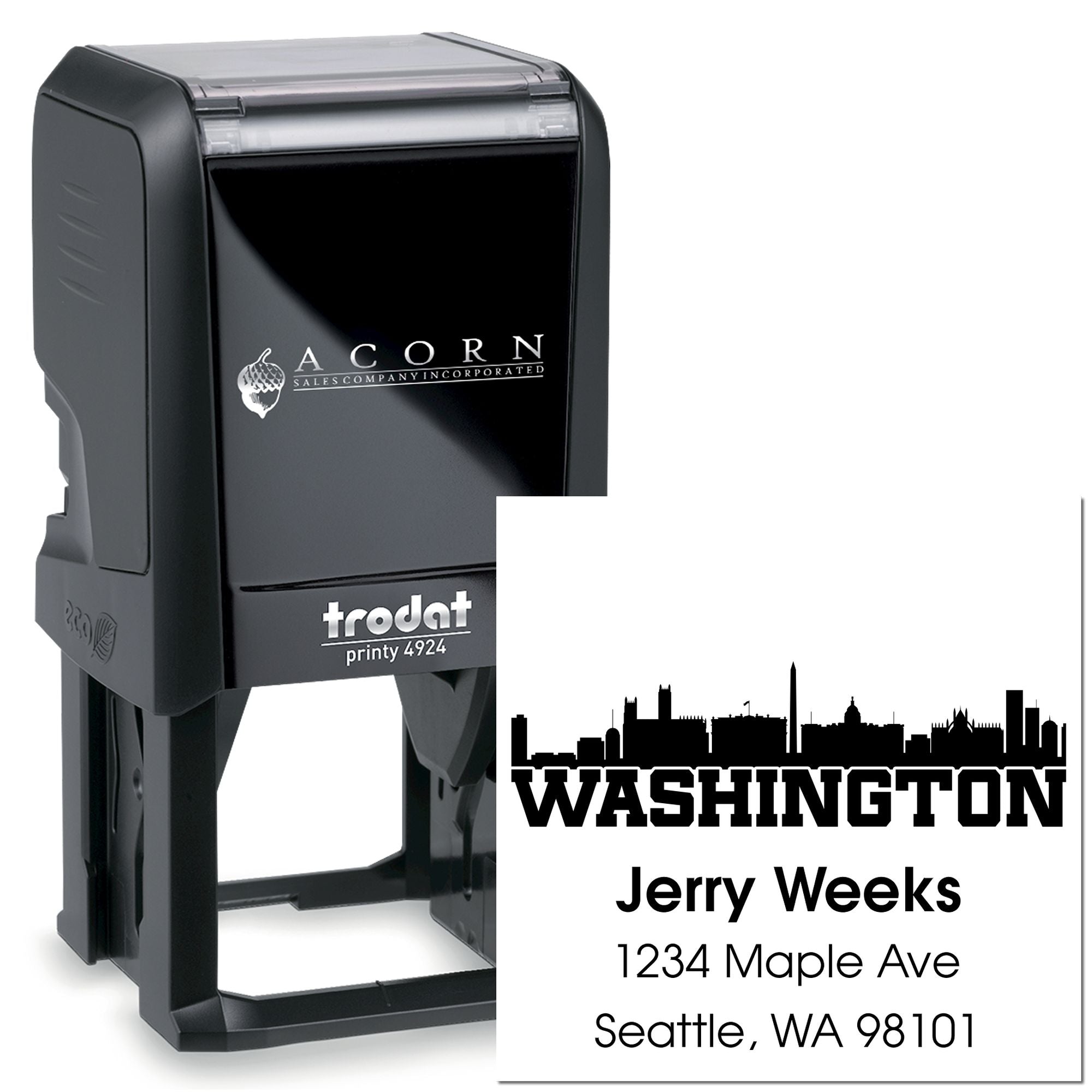 Custom self-inking Trodat Printy rubber address stamp with Washington skyline and Seattle mailing details for business use.