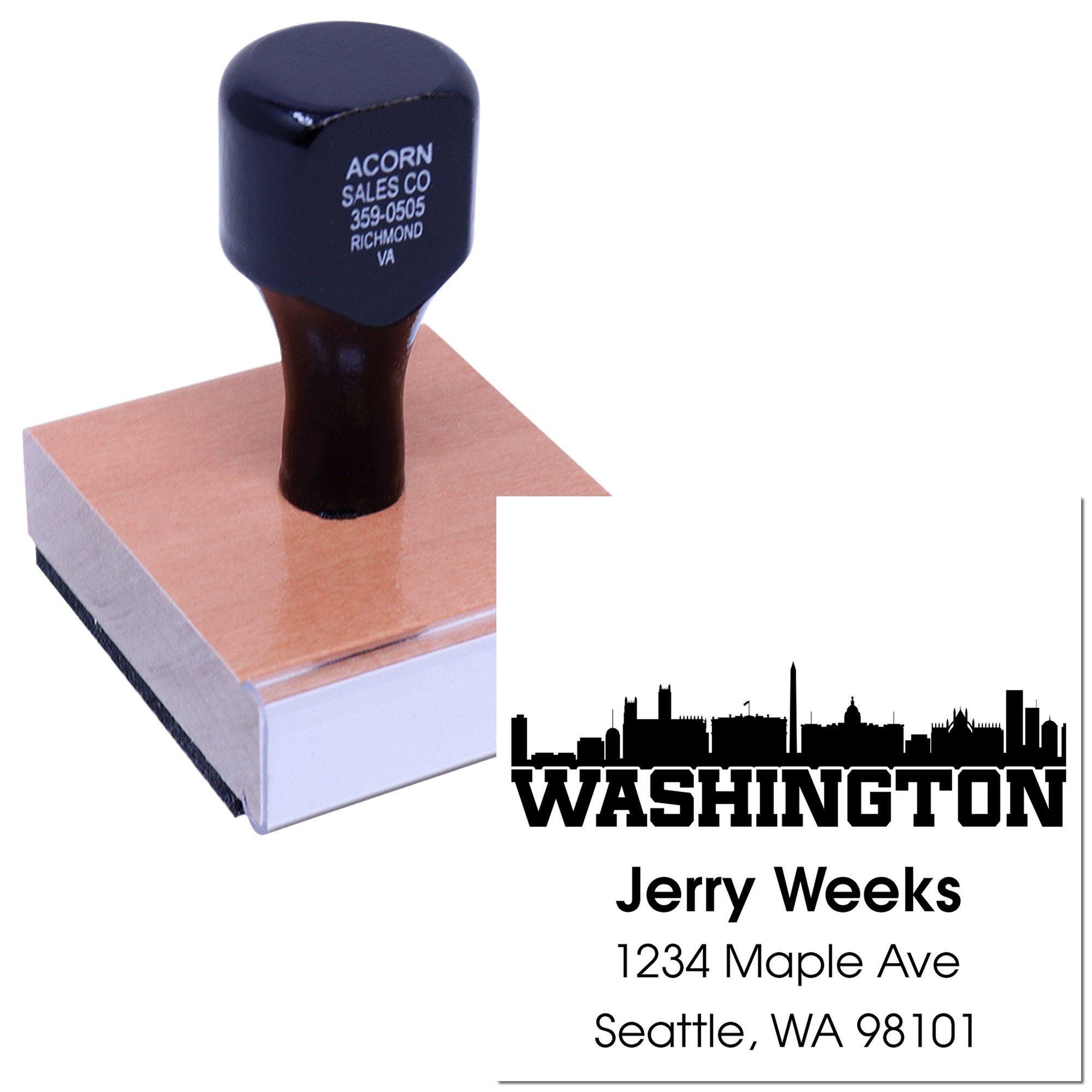 Custom rubber address stamp with Seattle, WA skyline and personalized name and mailing address for business or return mail.
