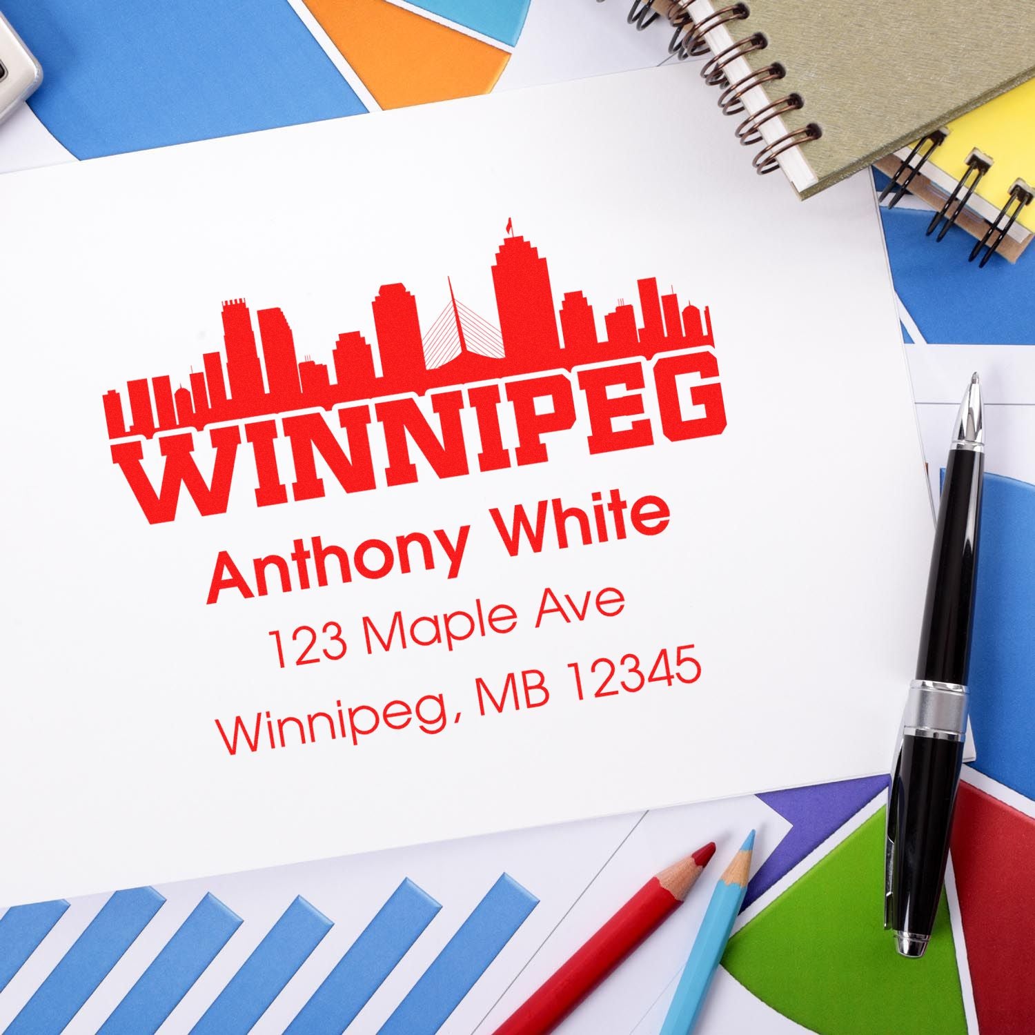 Personalized Winnipeg address rubber stamp with city skyline, custom name and mailing address for business mail and packaging.
