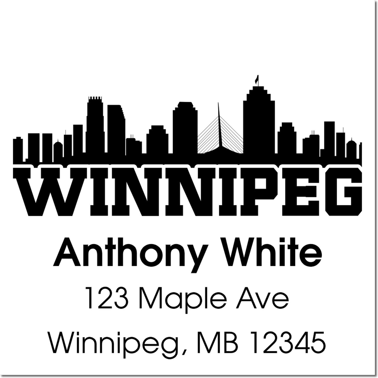 Custom Winnipeg rubber address stamp with skyline logo, Anthony White, 123 Maple Ave, Winnipeg, MB 12345