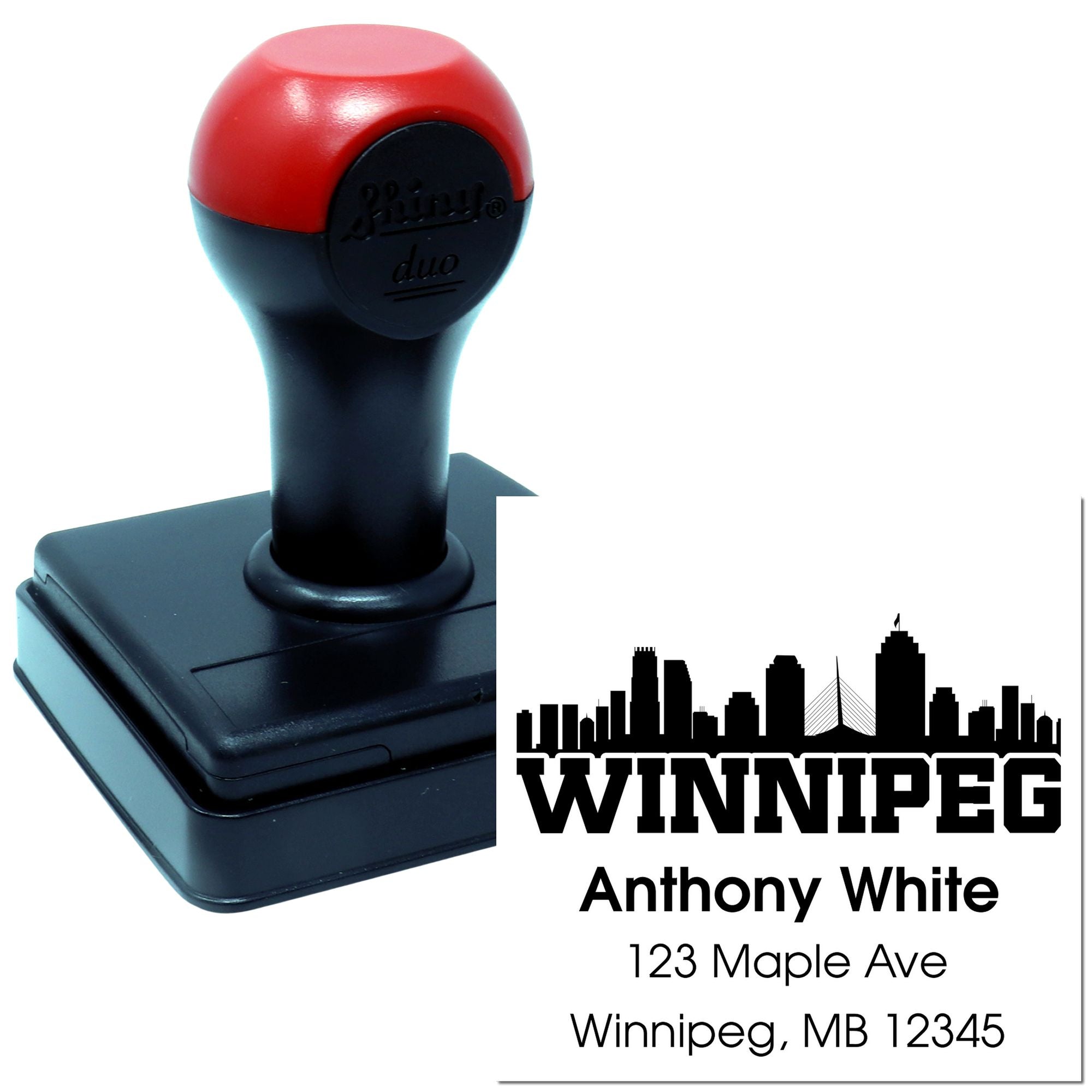 Custom Winnipeg address rubber stamp with skyline design, personalized for Anthony White, 123 Maple Ave, Winnipeg, MB 12345.