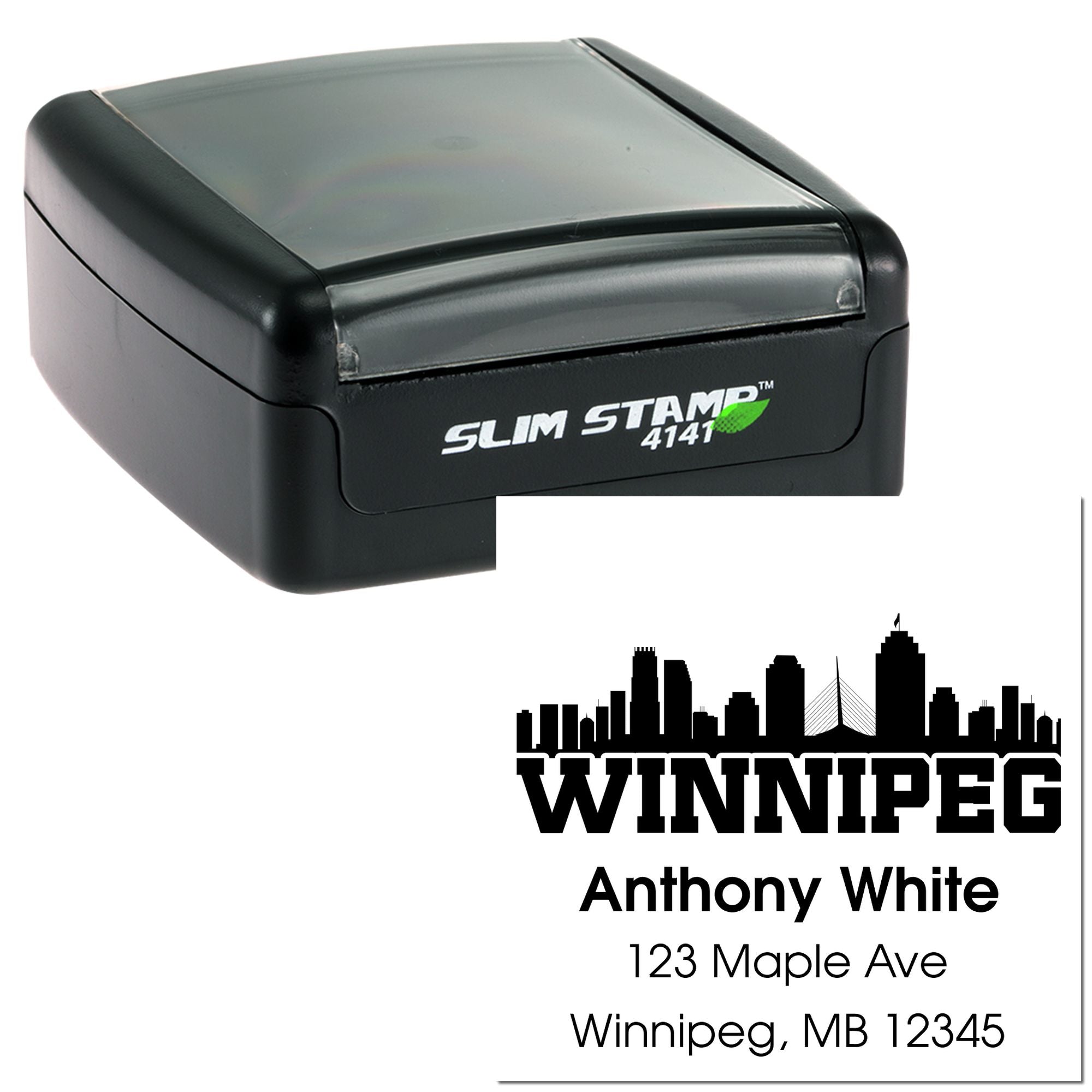 Self-inking return address rubber stamp with custom Winnipeg skyline design for Anthony White