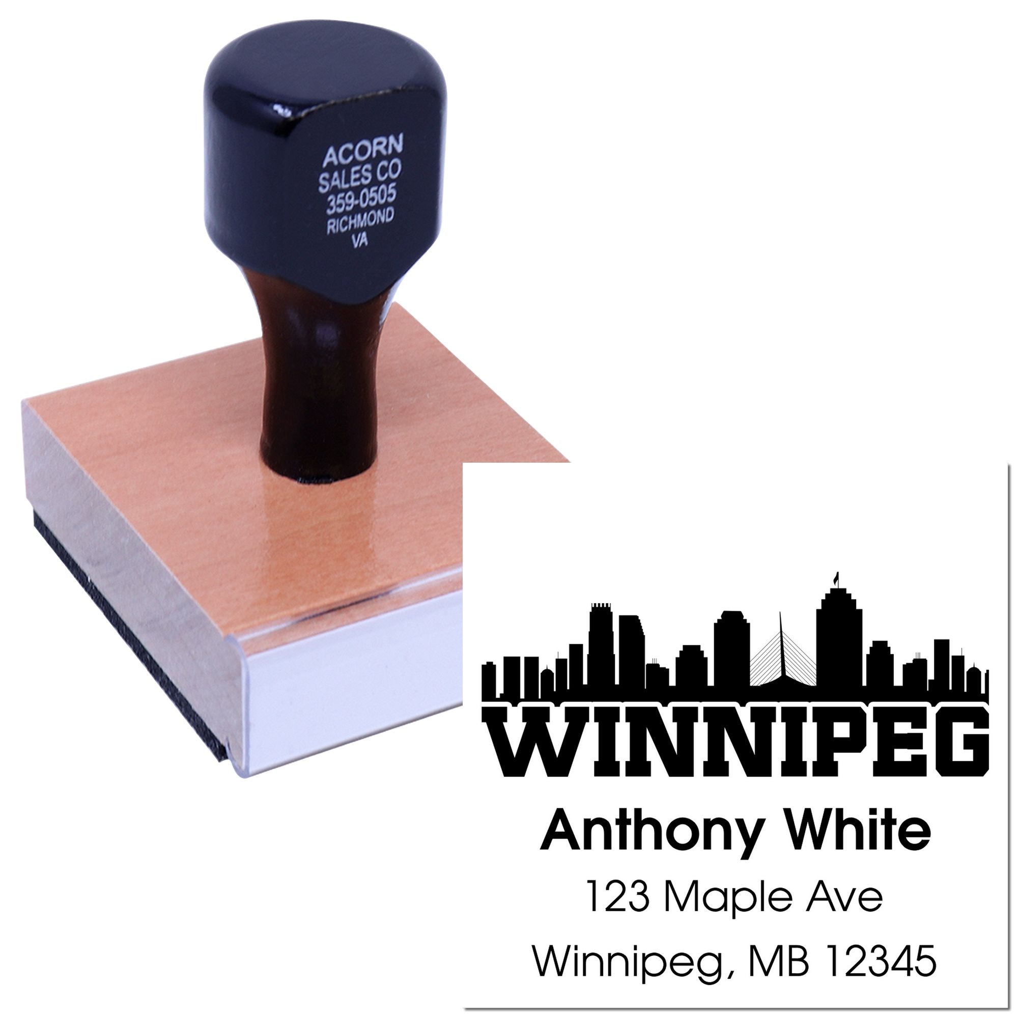 Personalized custom rubber address stamp with Winnipeg skyline logo for Anthony White, 123 Maple Ave, Winnipeg MB 12345