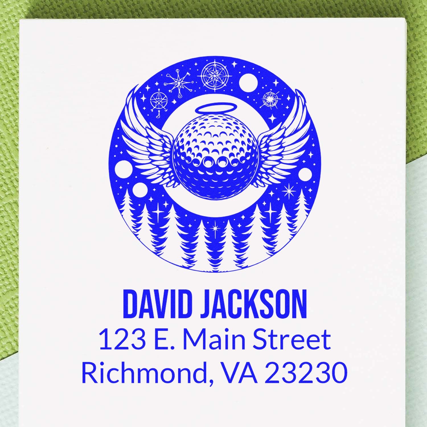 Custom rubber stamp with winged golf ball design and return address for David Jackson, Richmond, VA 23230.
