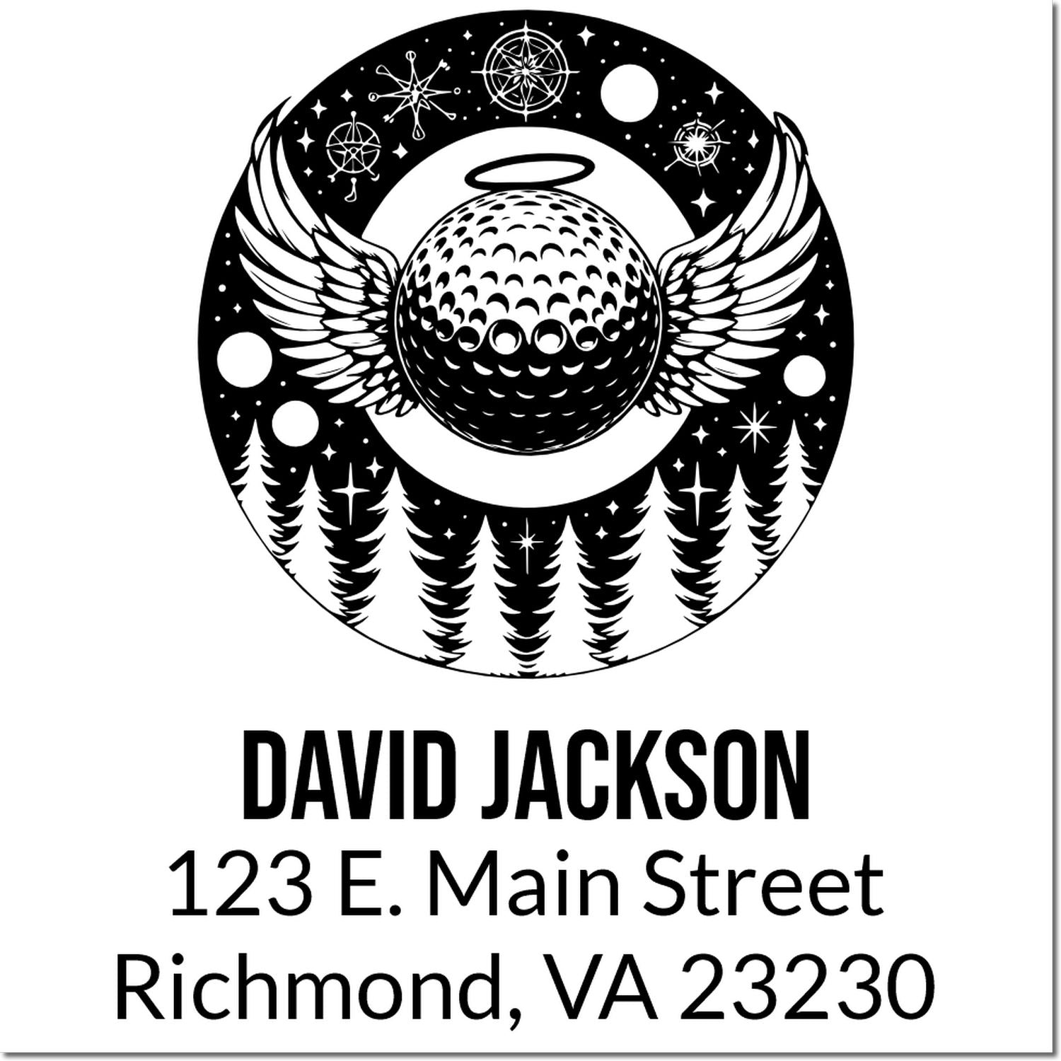 Personalized return address rubber stamp featuring winged golf ball design, name, and Richmond, VA address.