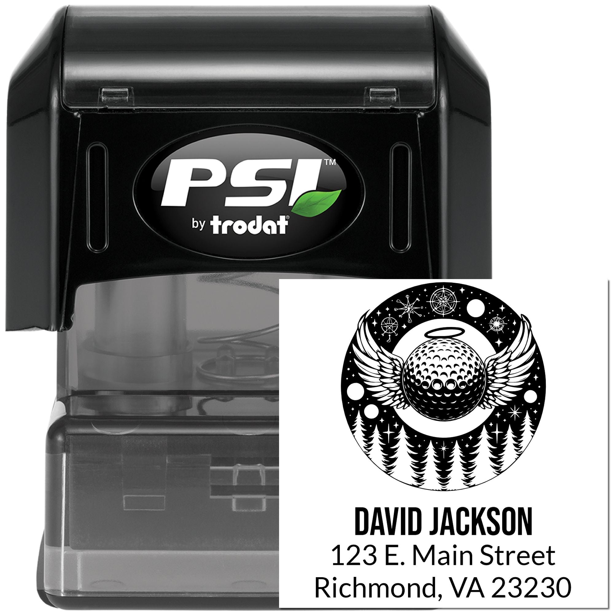PSI by Trodat self-inking rubber stamp with custom golf ball return address design for David Jackson, Richmond, VA