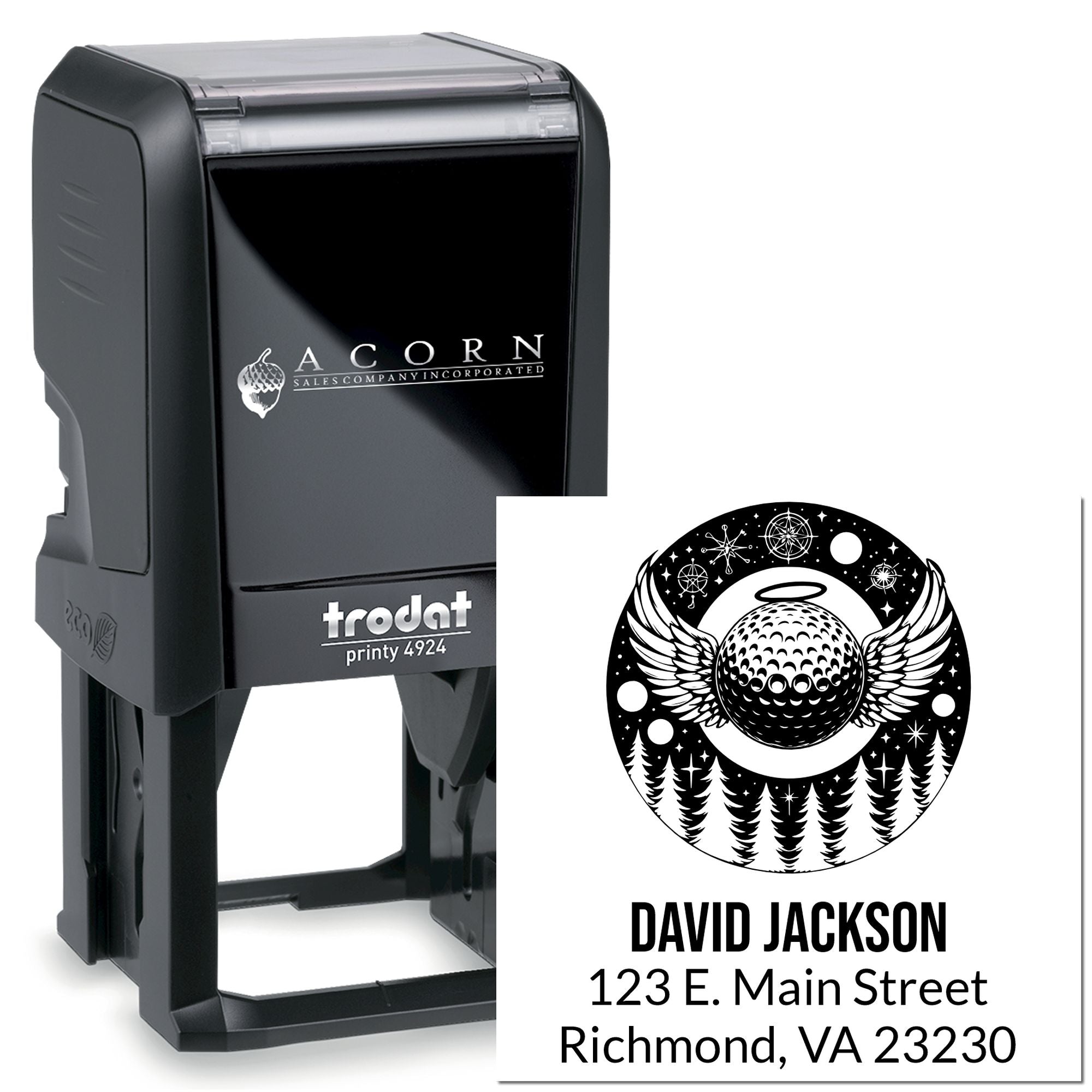 Custom self-inking Trodat rubber stamp with golf angel design and return address for David Jackson, Richmond, VA.