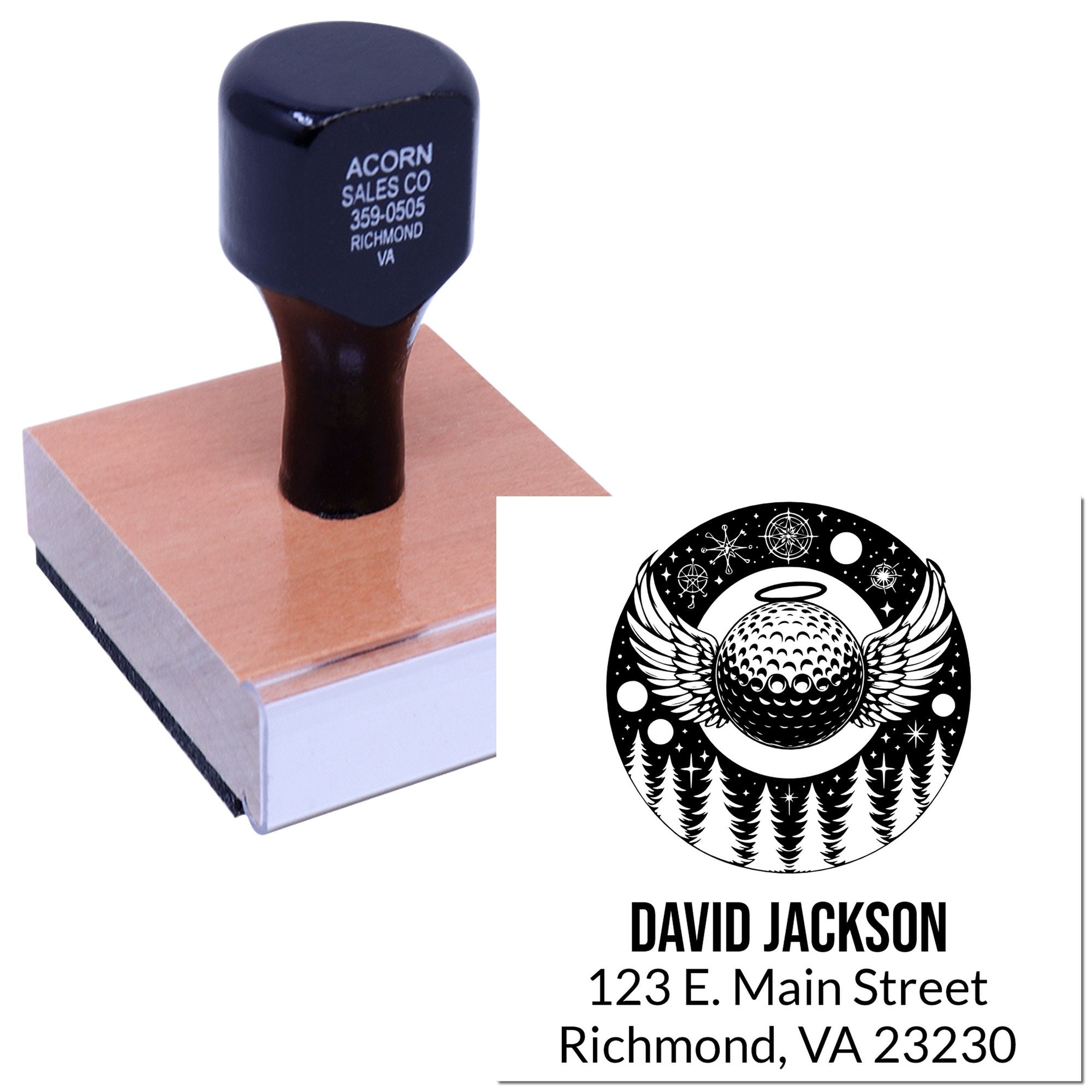 Custom rubber stamp with space-themed name and address design for personalized business and return mailing use.