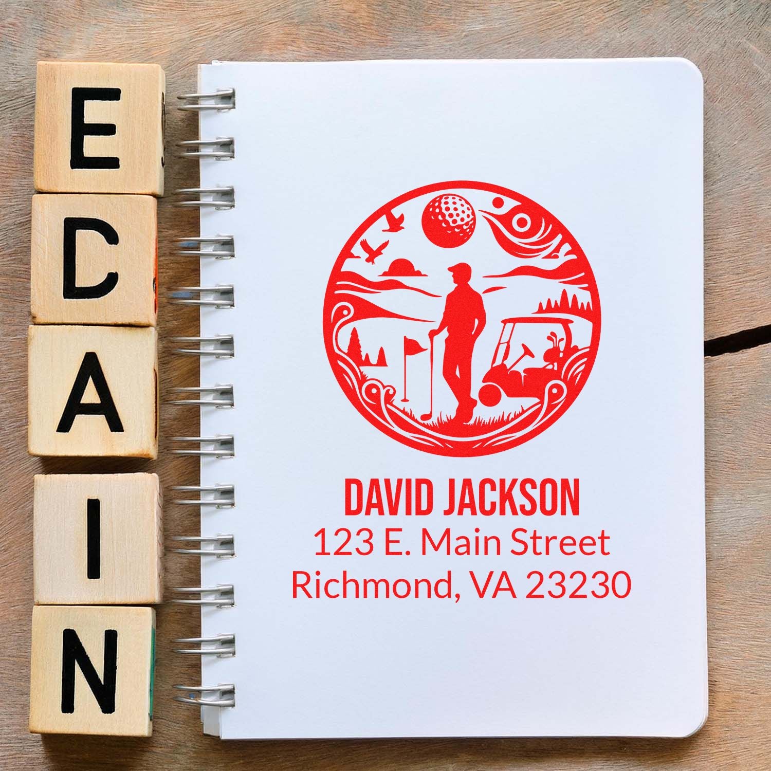 Custom golf address rubber stamp featuring golfer logo, David Jackson name, and Richmond, VA return address.