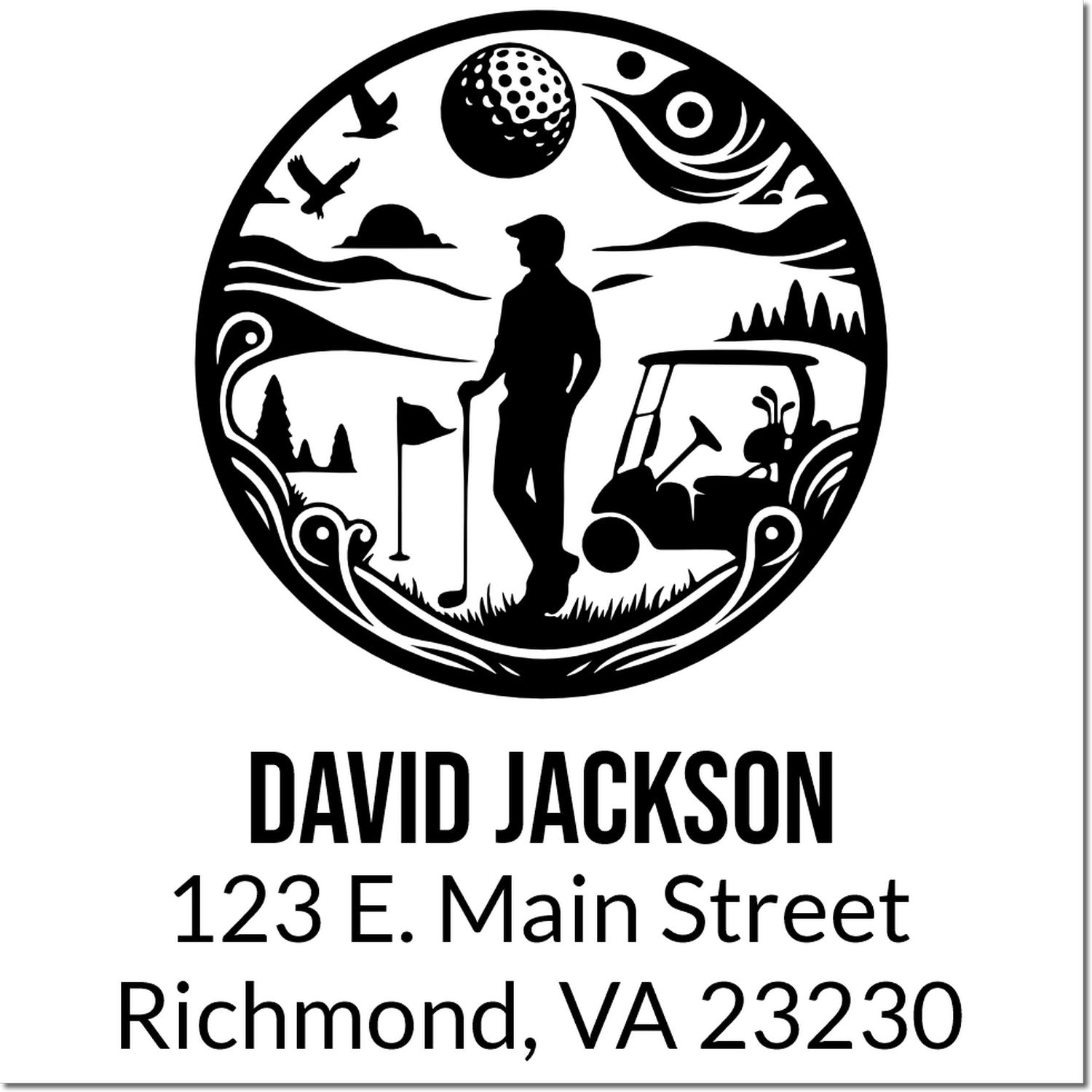Personalized golf rubber stamp with golfer silhouette, golf cart, and David Jackson return address in Richmond, VA.