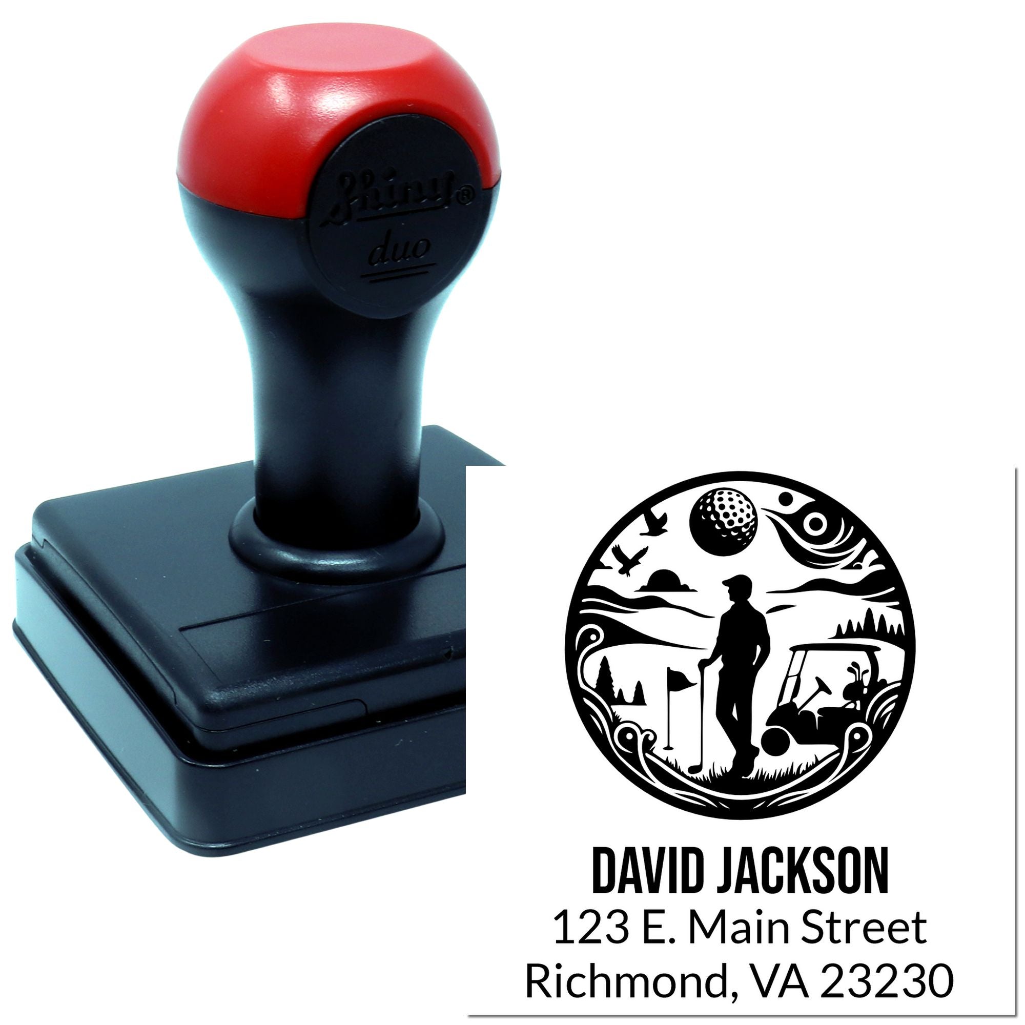 Custom self-inking rubber stamp with golf logo and personalized return address for mailing