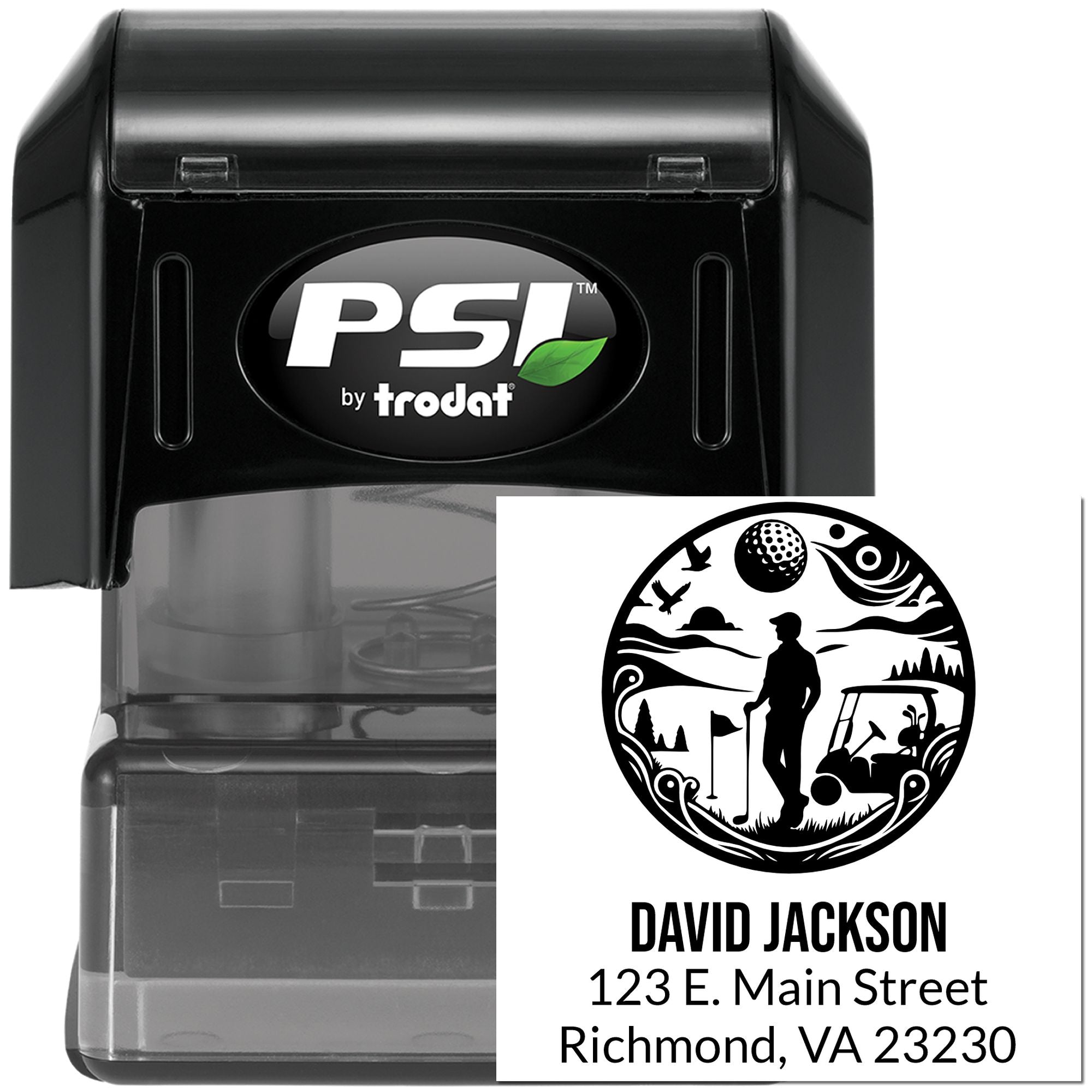 PSI by Trodat custom self-inking rubber address stamp with golf logo, name, and mailing address.