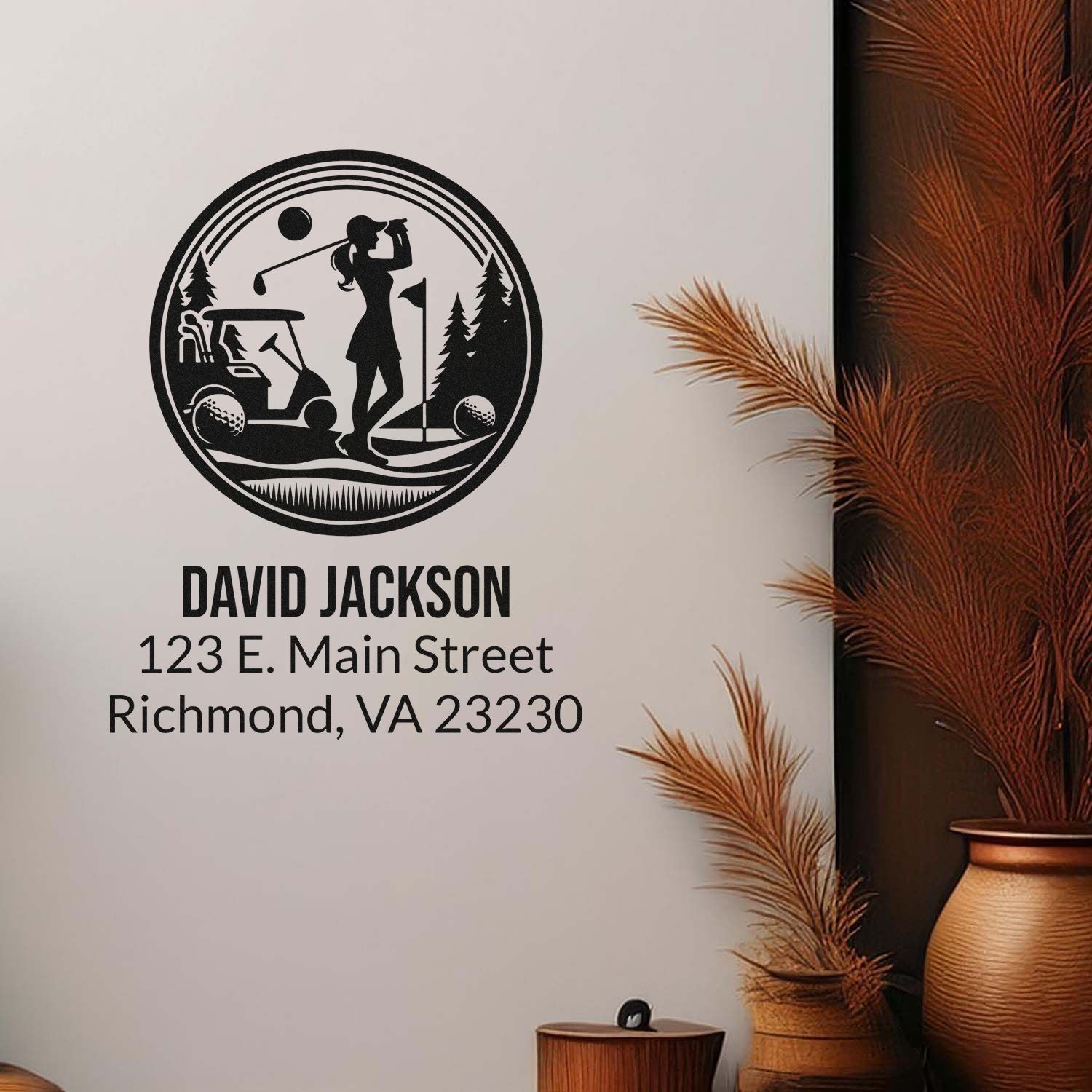 Personalized golf address rubber stamp for David Jackson, 123 E. Main Street, Richmond, VA 23230.