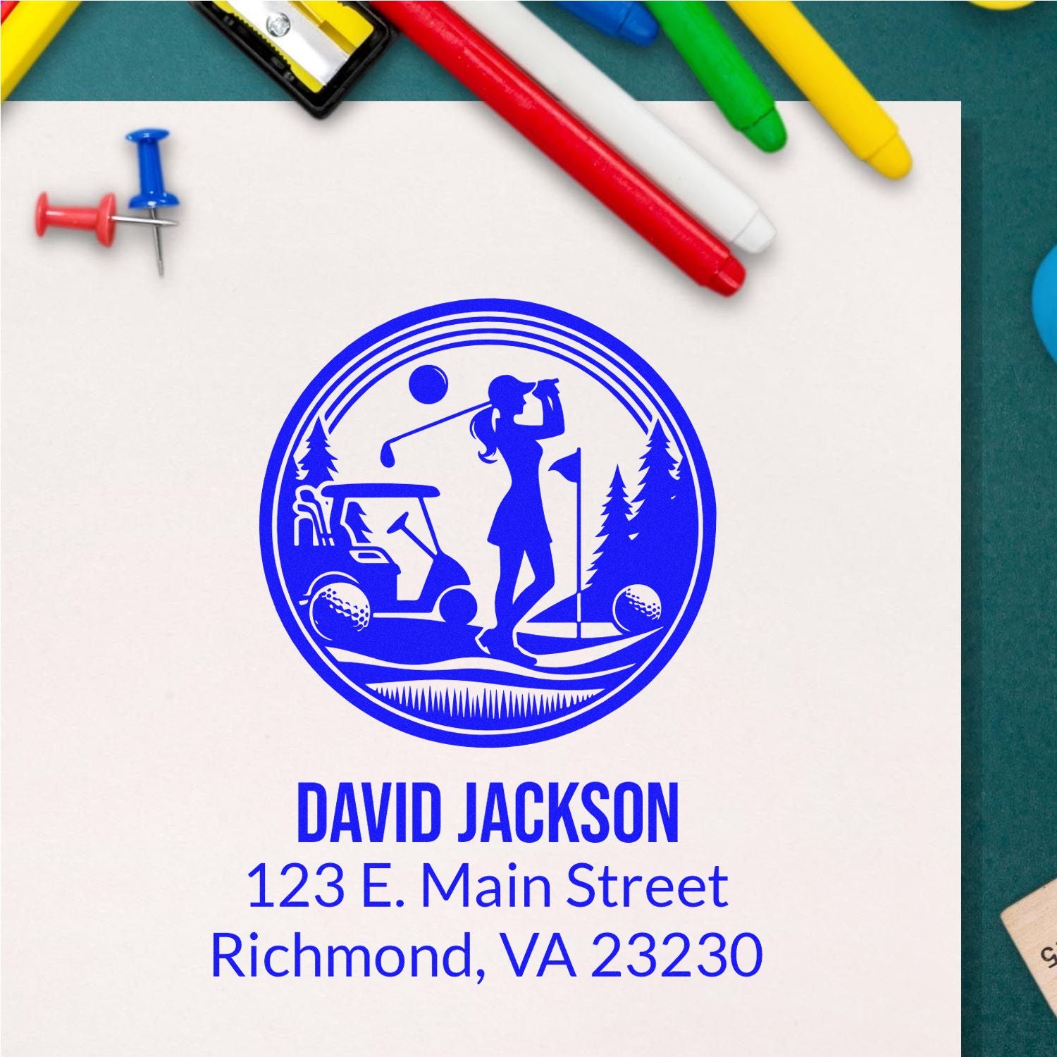Custom golf-themed rubber address stamp for David Jackson with name and Richmond, VA 23230 return address.