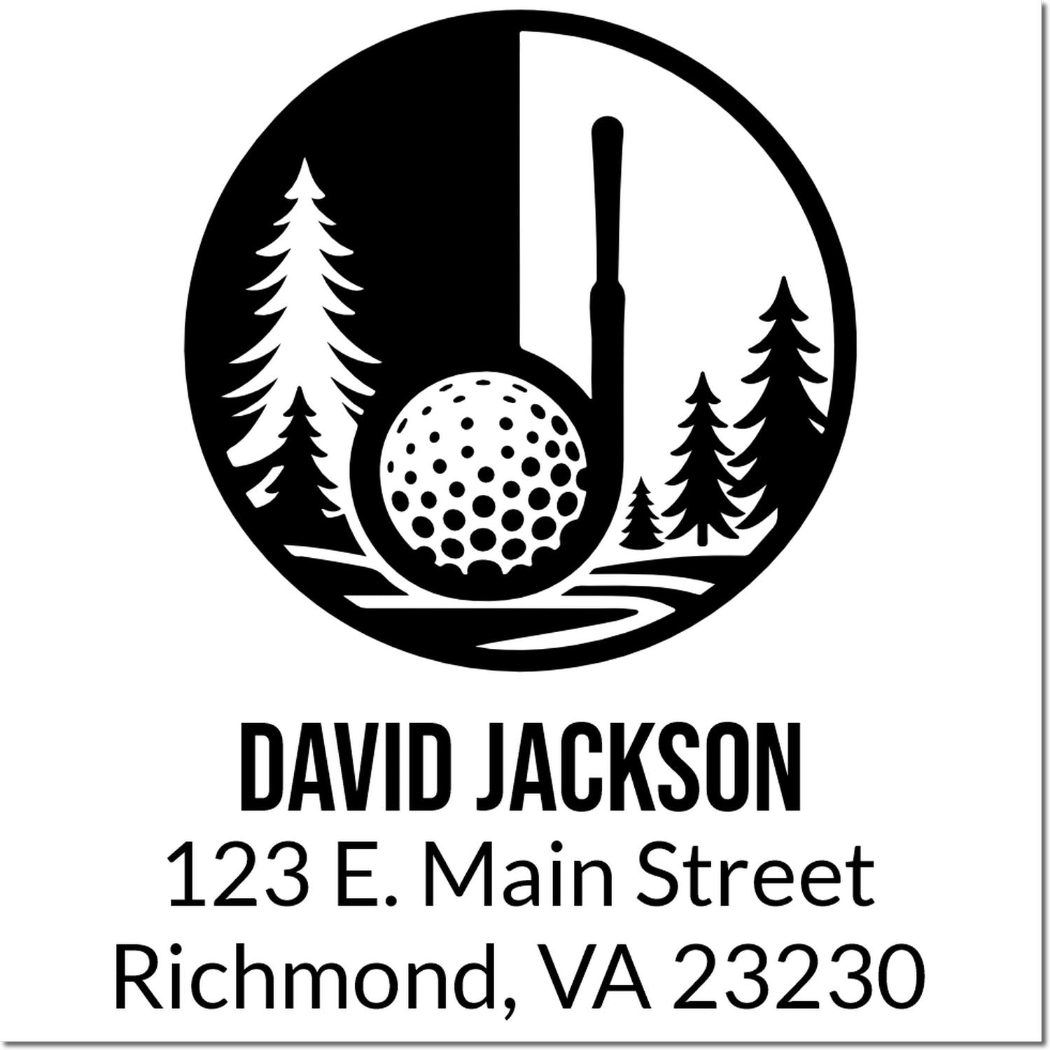 Custom golf-themed rubber address stamp for David Jackson, 123 E. Main Street, Richmond, VA 23230