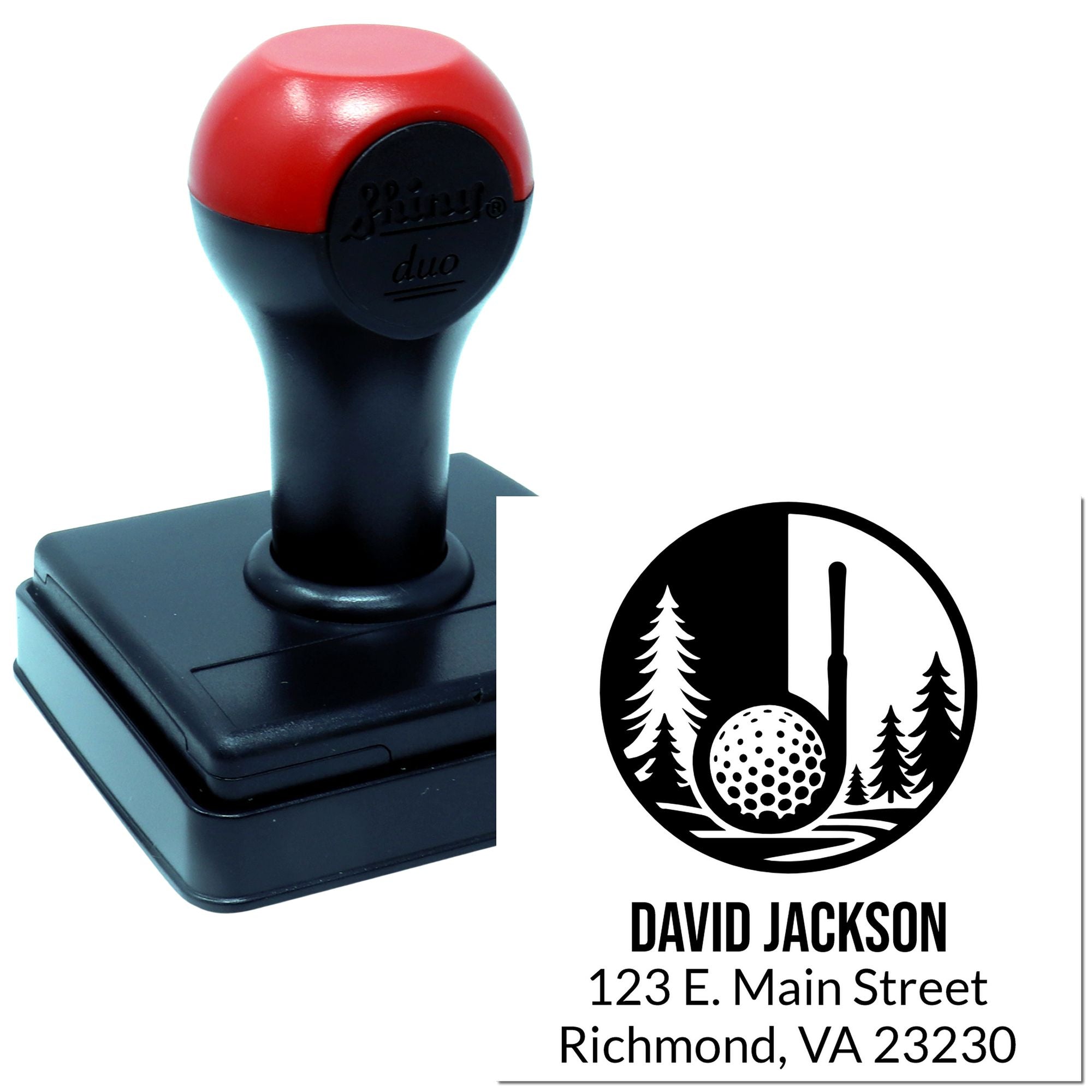 Custom self-inking rubber stamp with personalized golf logo and return address design