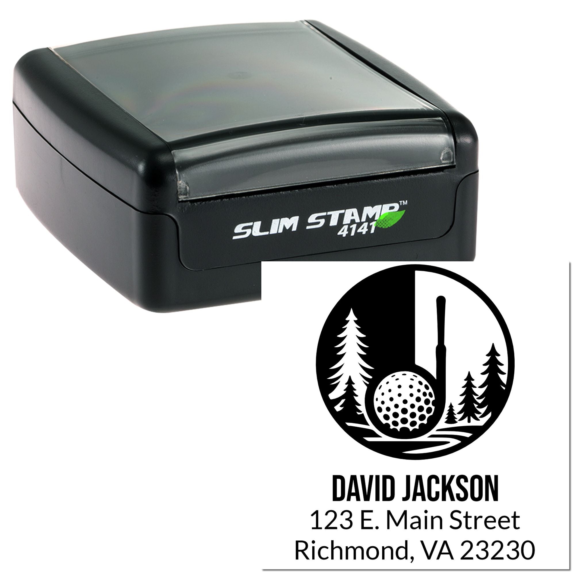 Custom golf return address rubber stamp with slim self-inking stamp and personalized name and address imprint.