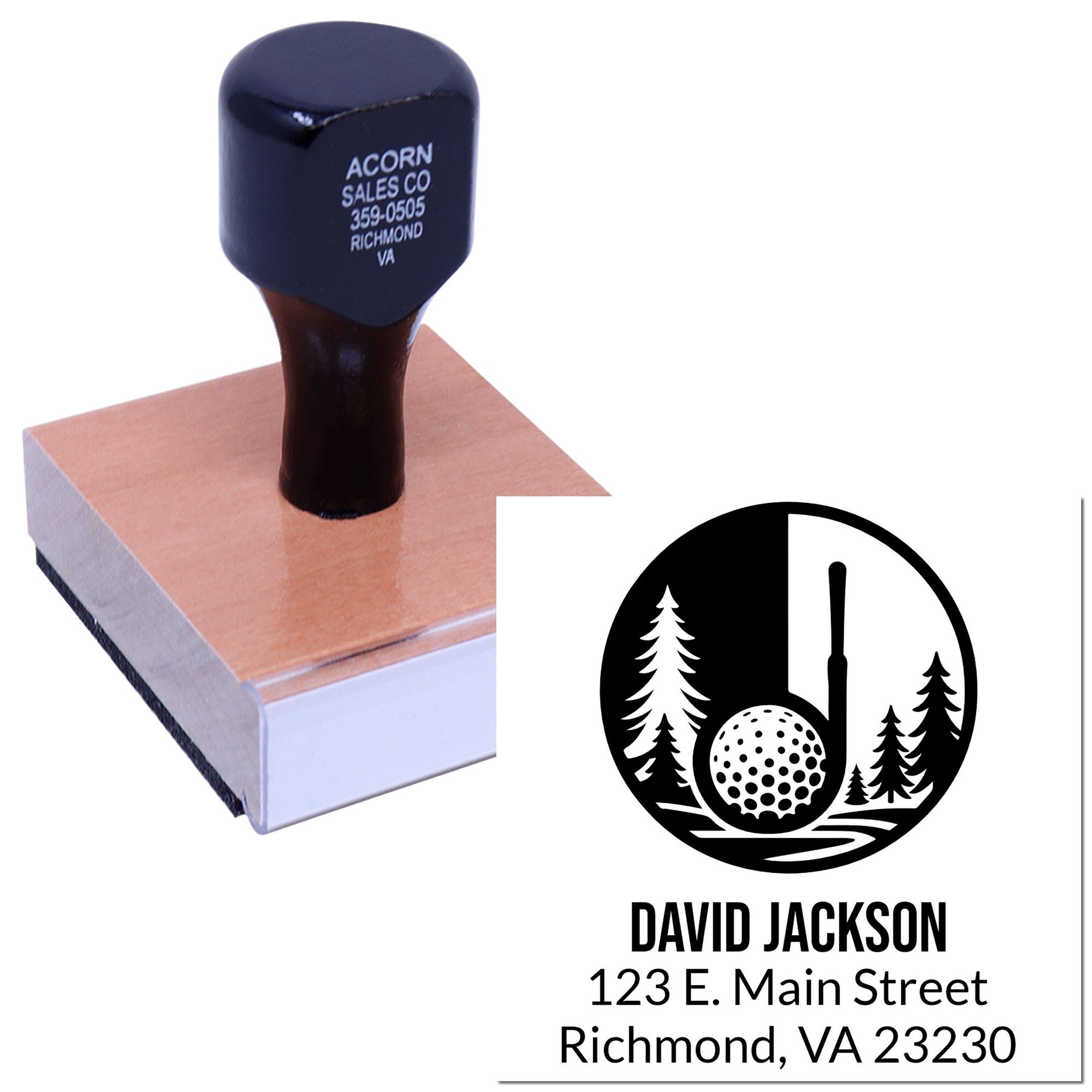 Custom rubber stamp with golf logo and address imprint for personalized business or return address stamping.