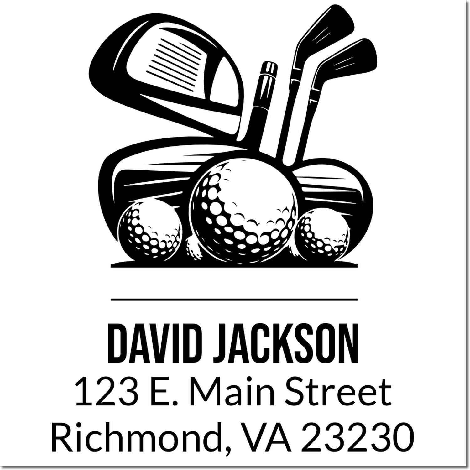 Custom golf return address rubber stamp featuring clubs and balls for David Jackson, Richmond, VA 23230.