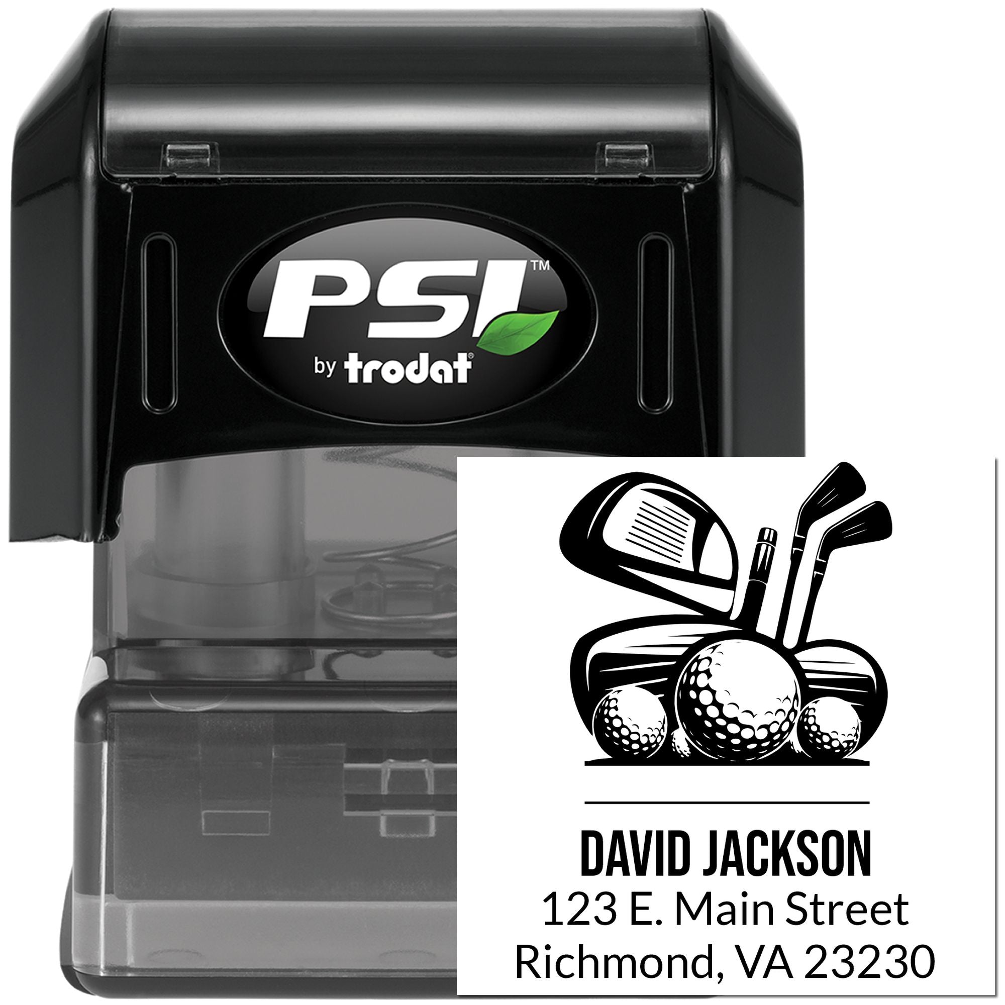 PSI by Trodat self-inking custom golf rubber stamp with name and address, ideal for personalized mailings.