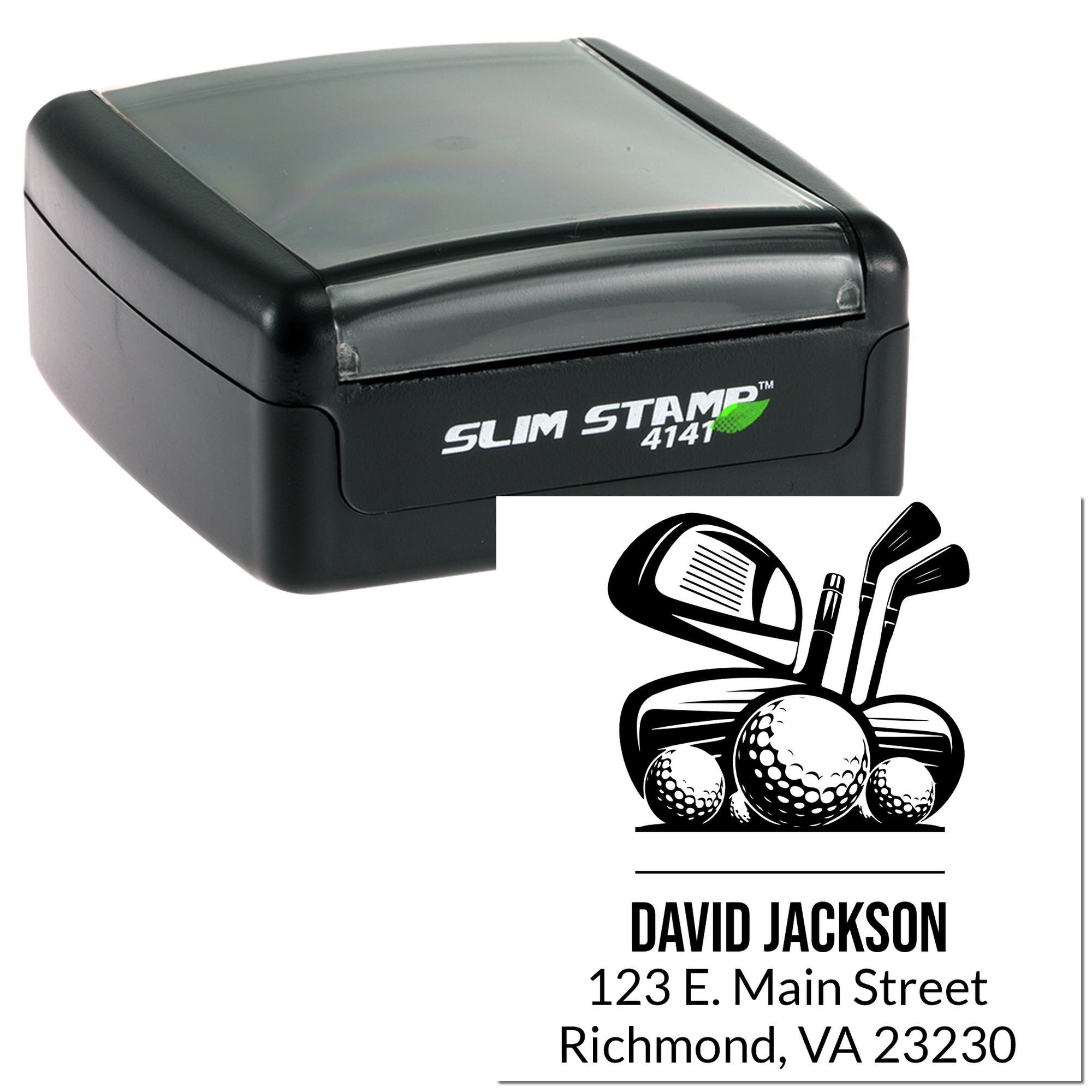 Custom golf return address rubber stamp with name, address, and golf club design for personalized mailing.