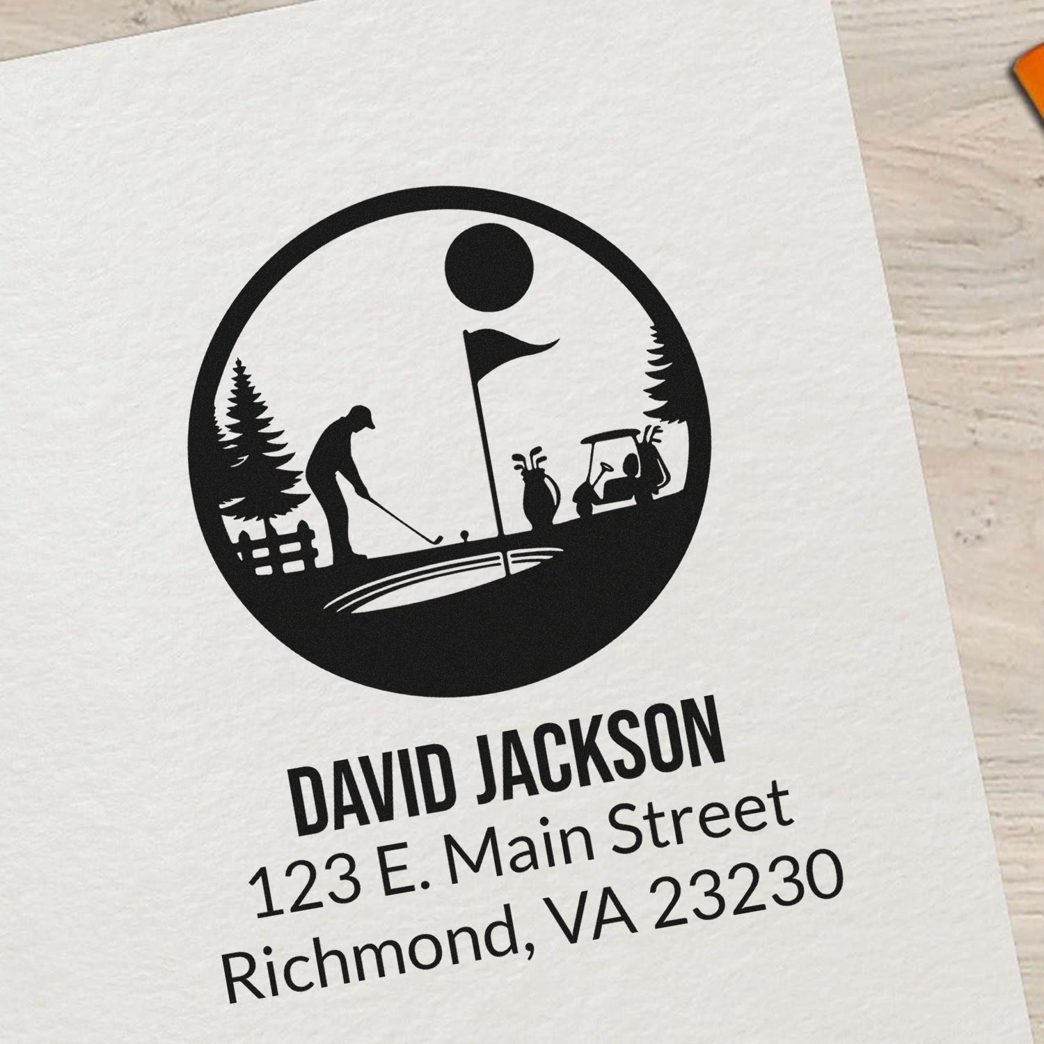 Custom golf address rubber stamp with personalized name and Richmond, VA mailing address for stationery and branding.