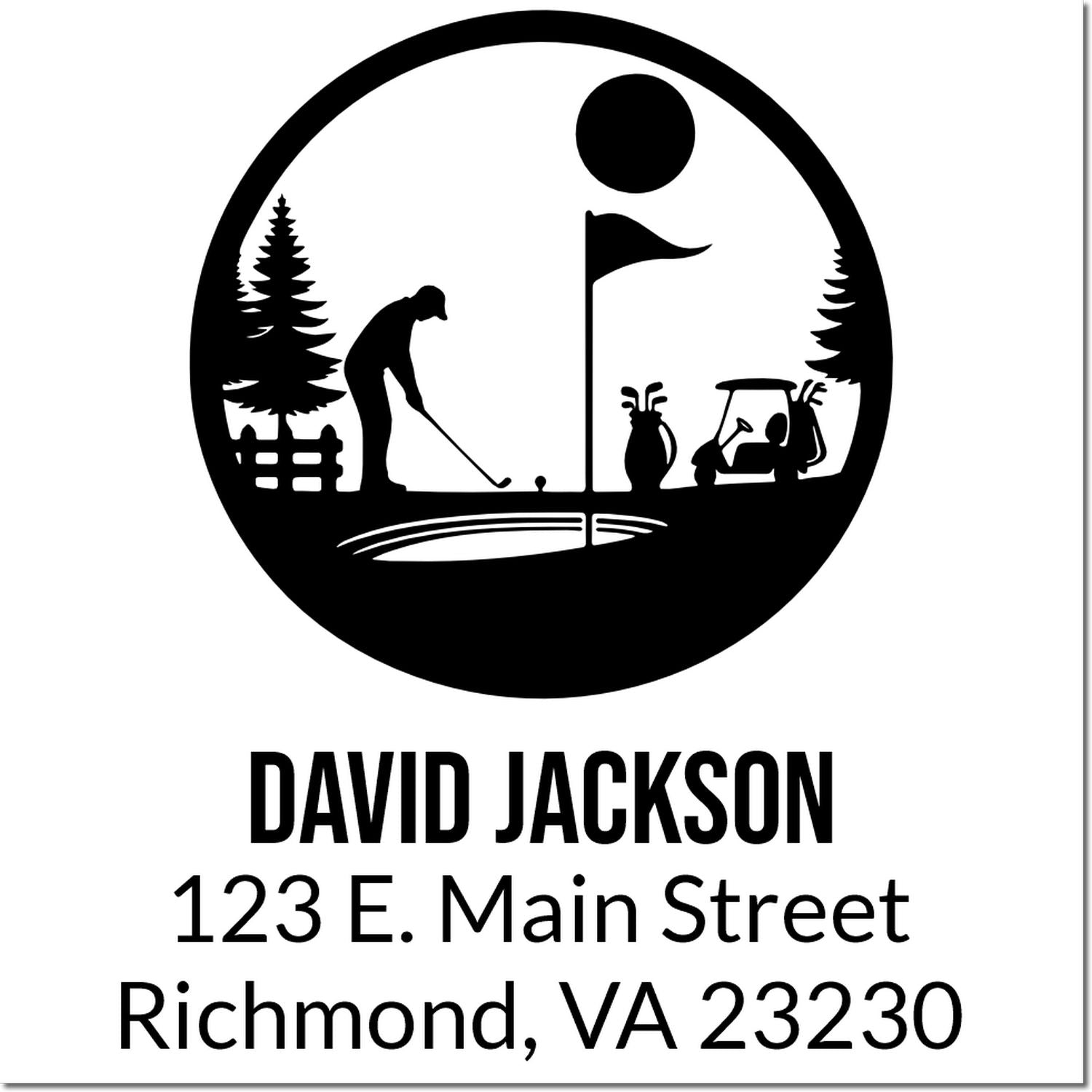 Custom golf rubber stamp with golfer logo for David Jackson, 123 E. Main Street, Richmond, VA 23230.