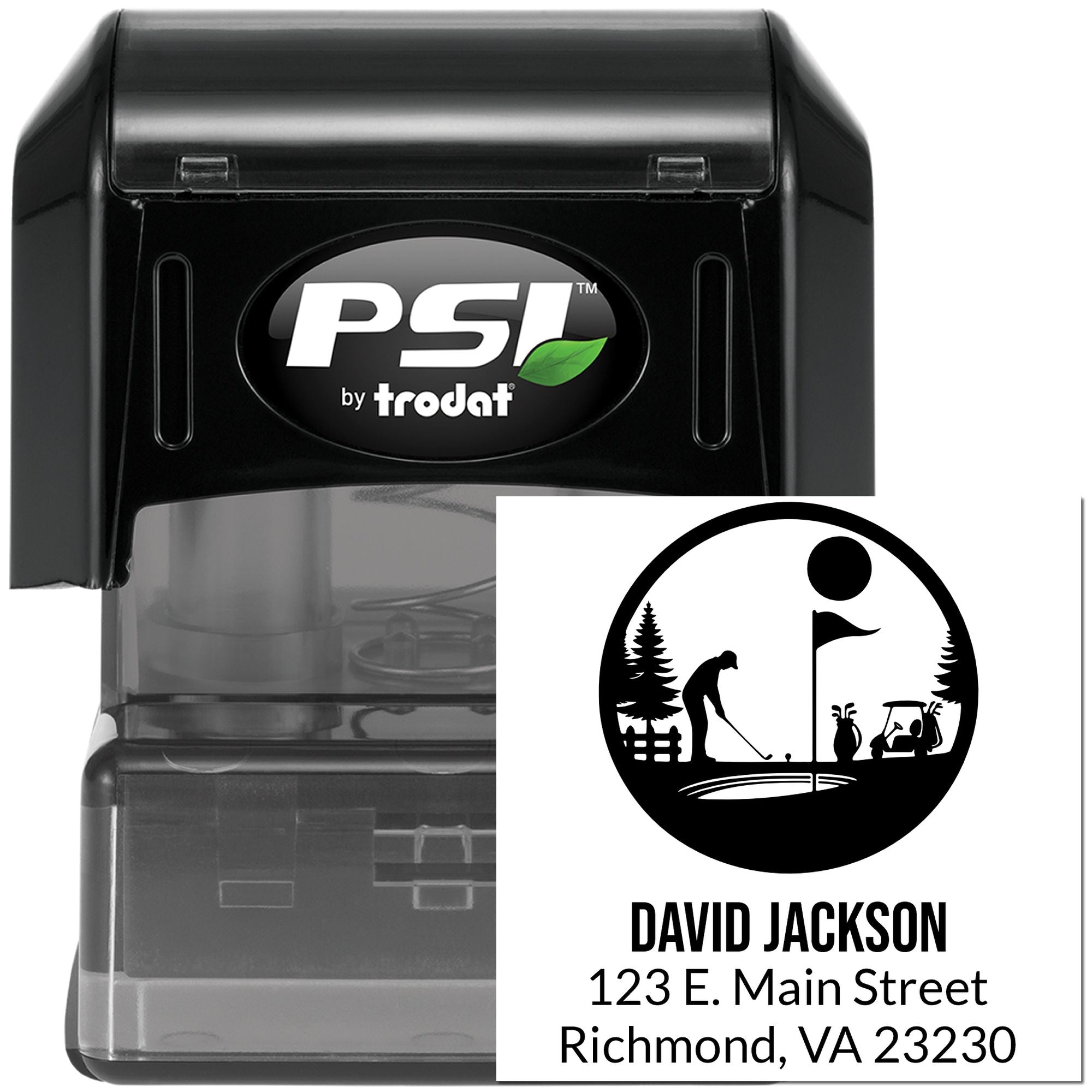 PSI by Trodat self-inking rubber stamp with custom golf logo, name, and address for personalized mailings.