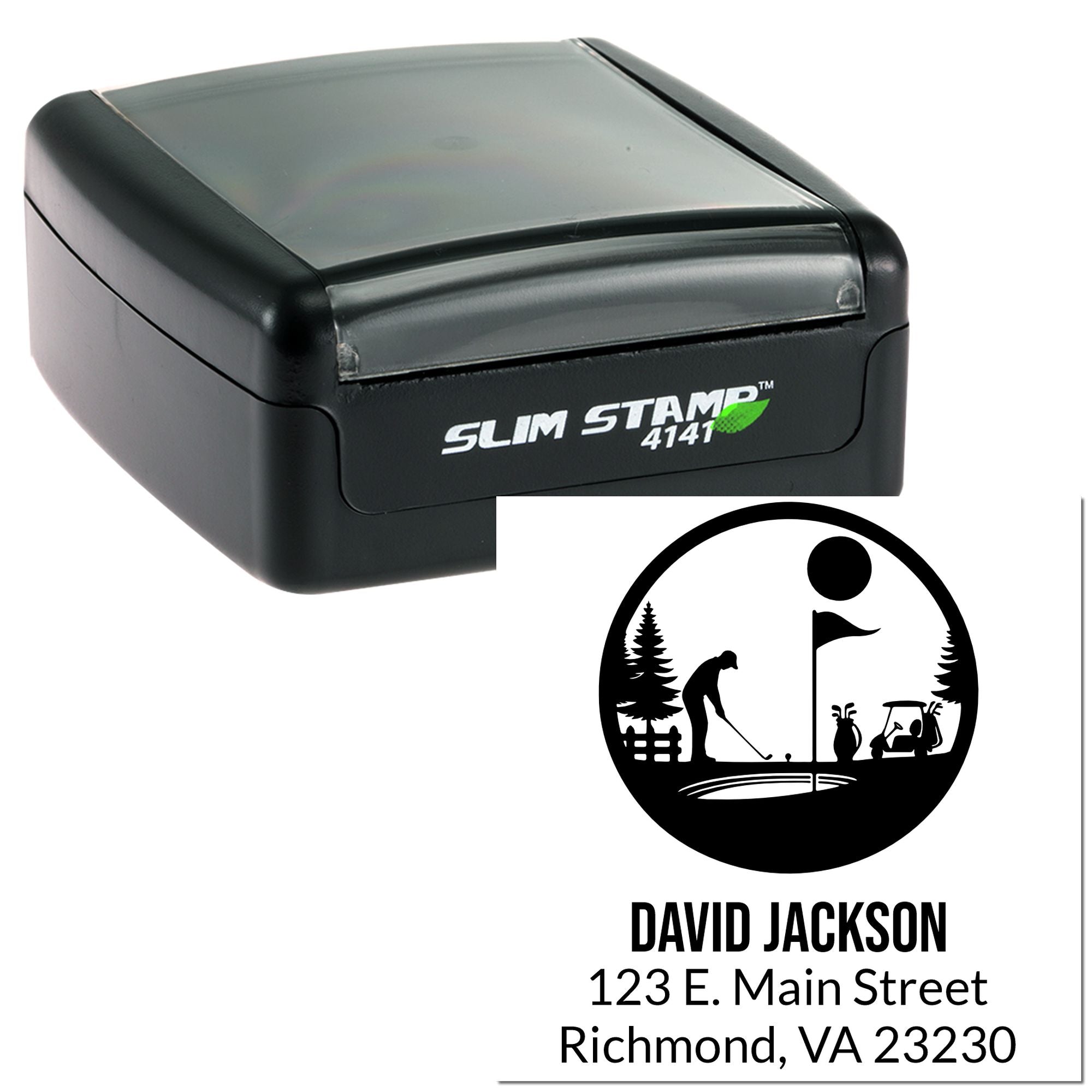 Custom slim self-inking rubber stamp with golfer logo, name, and address for personalized business or golf club use.
