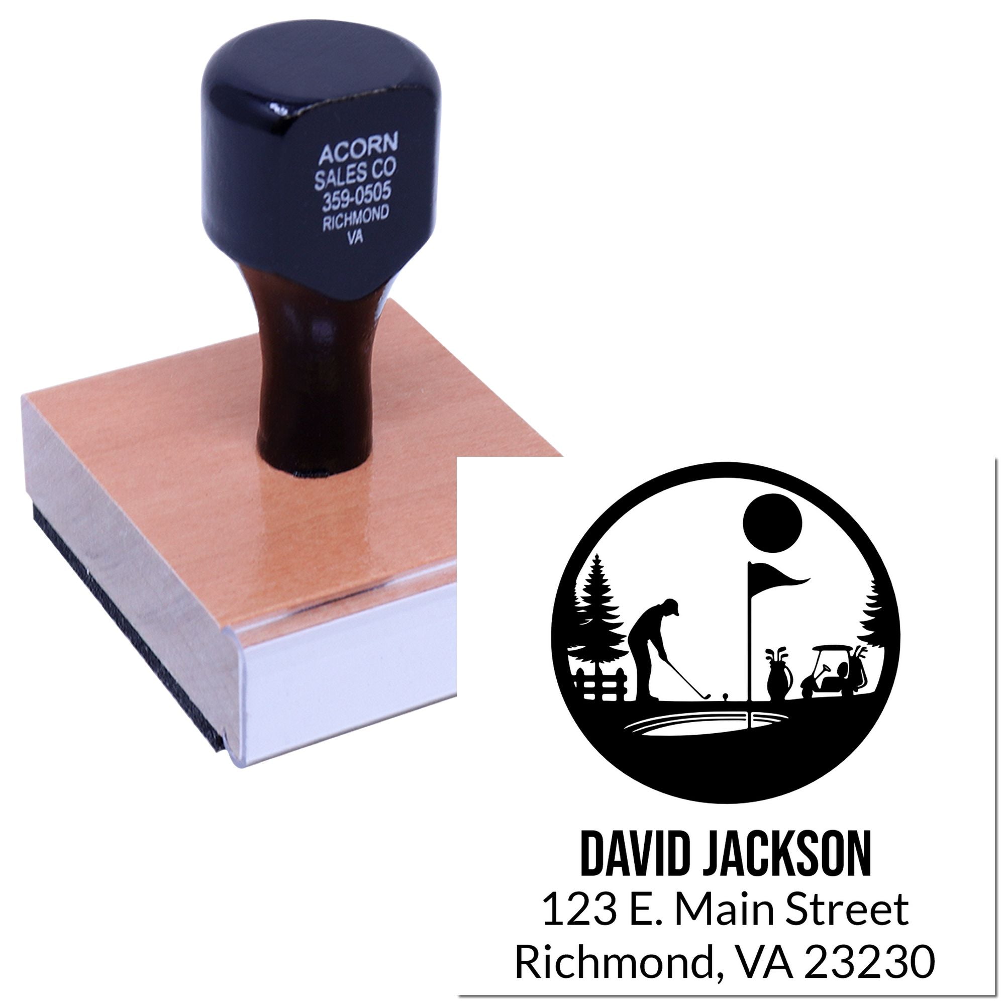 Custom return address rubber stamp with golf logo, name, and address for David Jackson, ideal for personalized mailing.