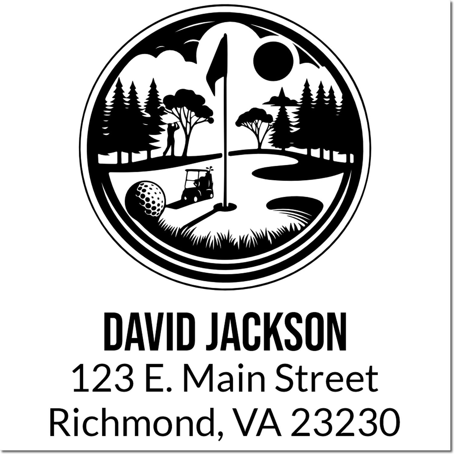 Personalized golf-themed return address rubber stamp with golfer scene, David Jackson, 123 E. Main Street, Richmond, VA 23230
