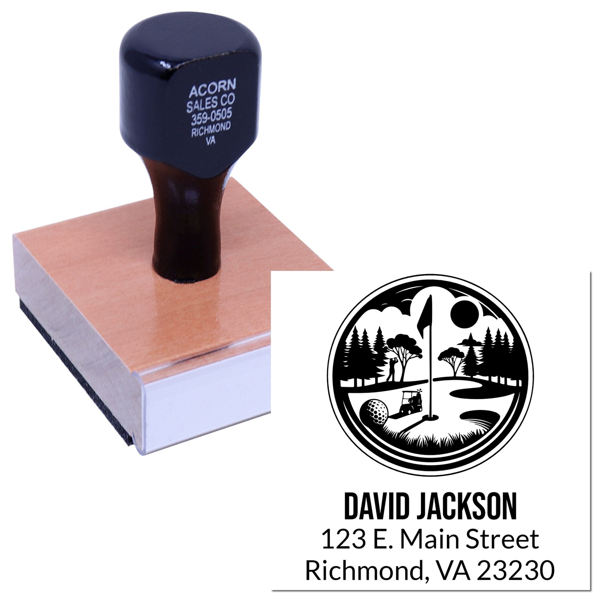 Custom golf logo rubber stamp with name and address, ideal for personalized business or return address stamping.