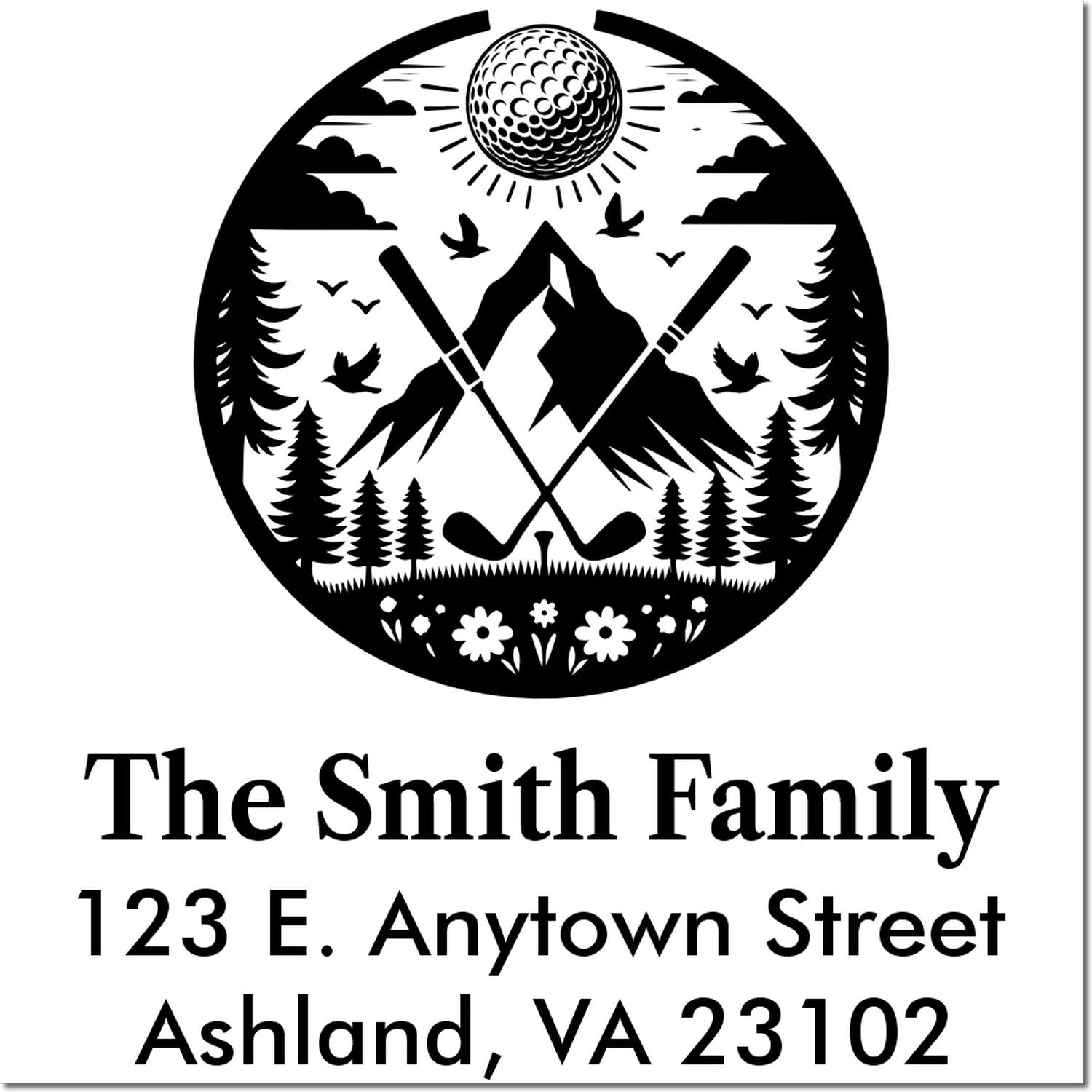 Custom family return address rubber stamp with mountain golf emblem and personalized name, street address, city, state, ZIP.