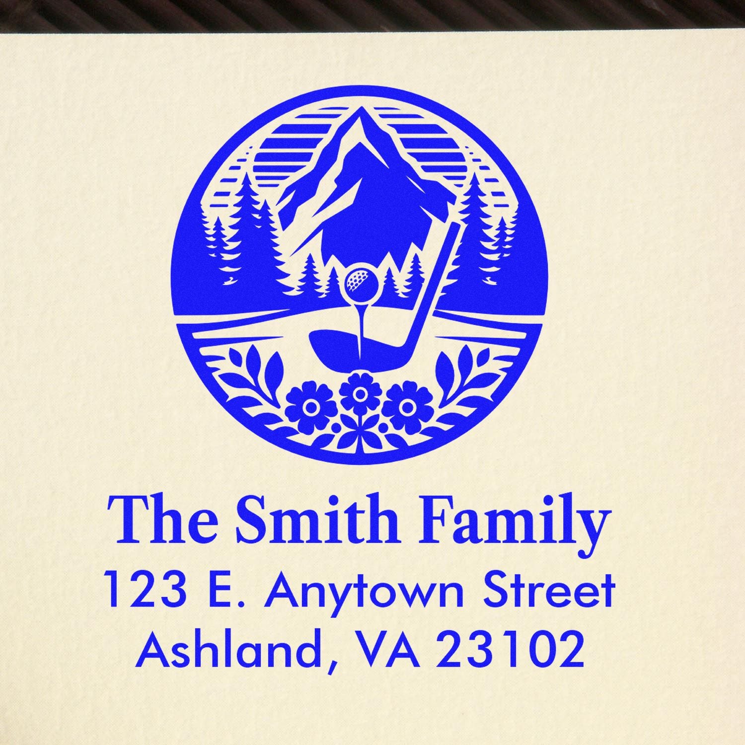 Personalized golf-themed return address rubber stamp for The Smith Family, Ashland, VA 23102.