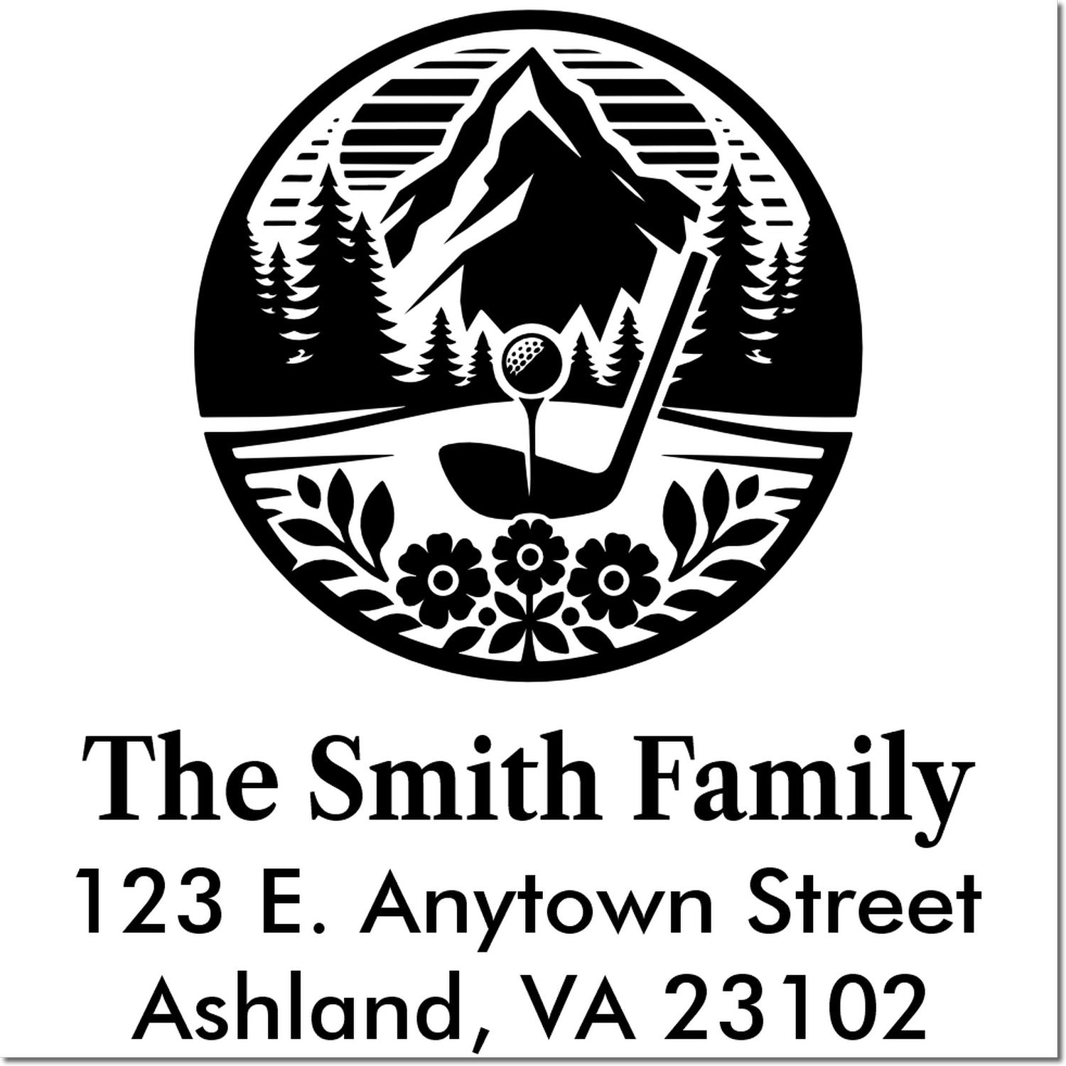 Custom family return address rubber stamp with mountain golf logo for personalized mail, envelopes, and stationery.