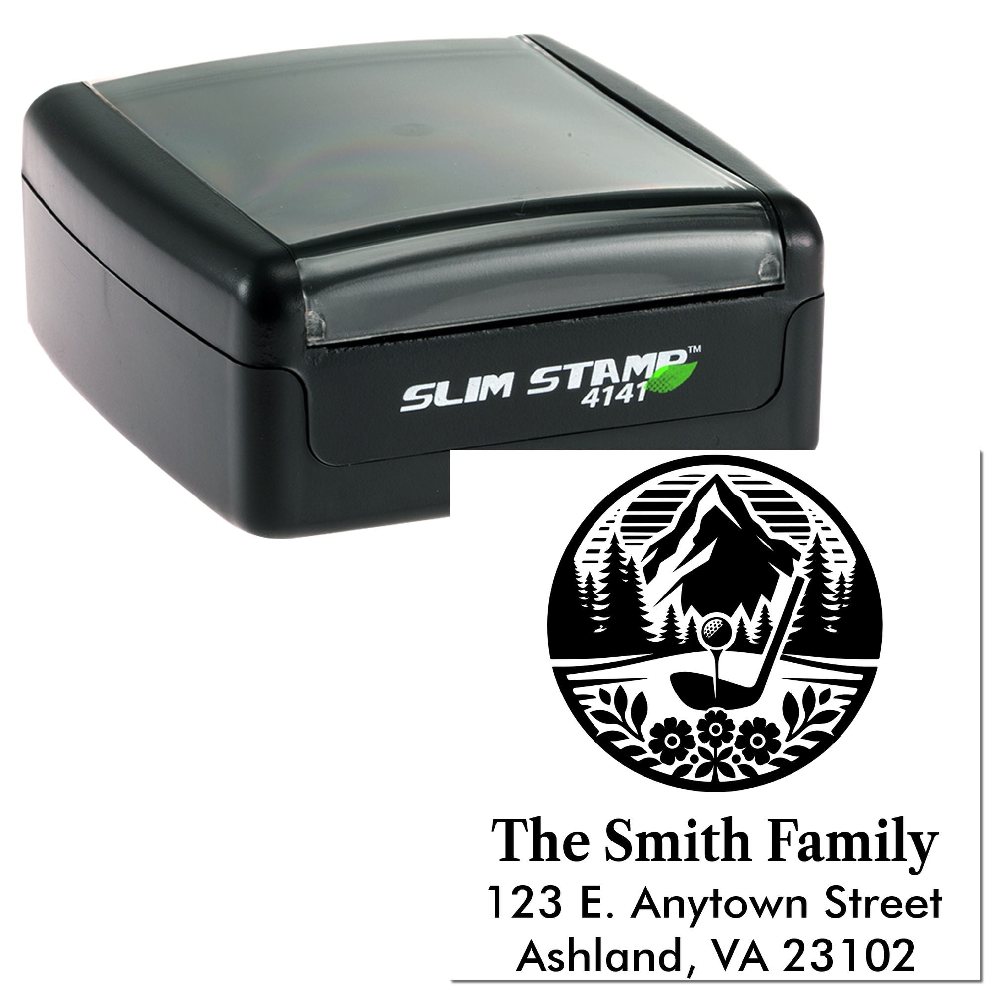 Slim Stamp 4141 self-inking rubber stamp with custom golf family address design and return address impression.