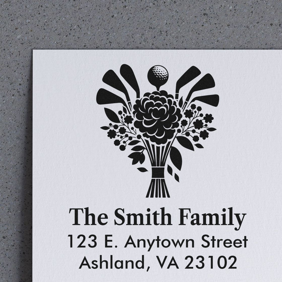 Custom address rubber stamp for The Smith Family with floral golf design, 123 E. Anytown Street, Ashland, VA 23102.