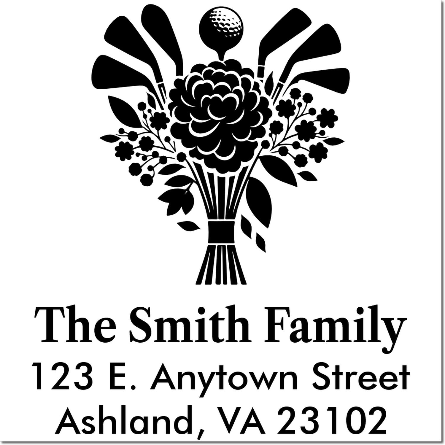 Personalized golf-themed return address rubber stamp for The Smith Family, Ashland, VA 23102.