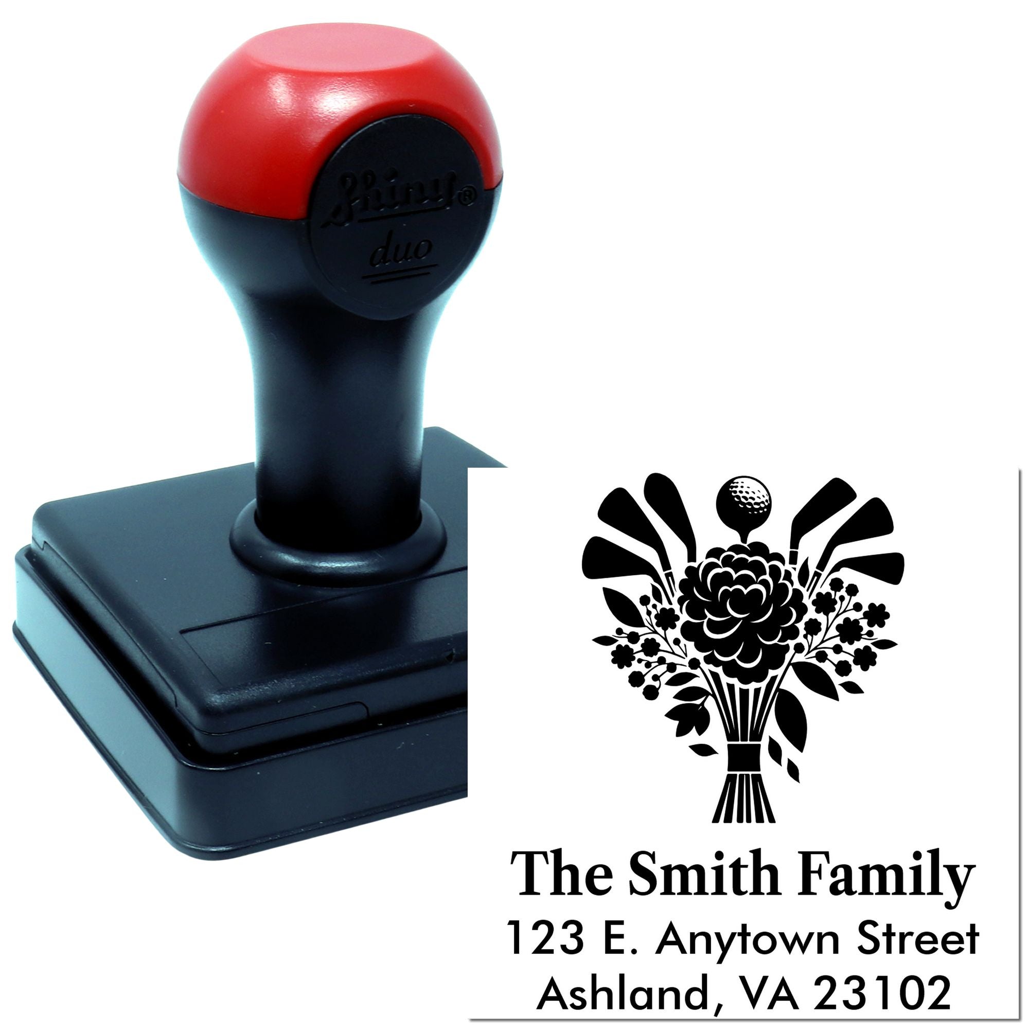 Custom self-inking rubber address stamp with floral golf design for personalized family mail.