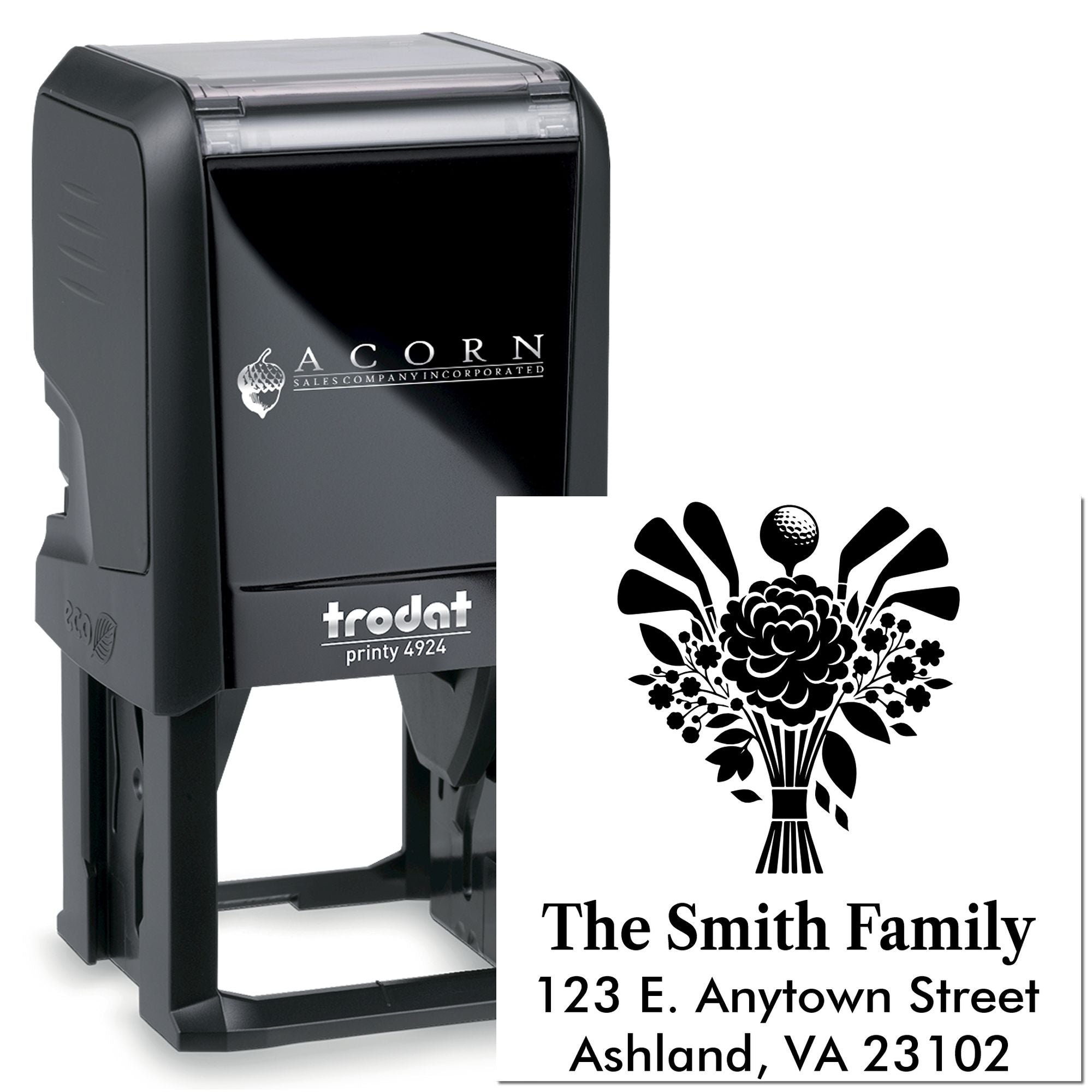 Custom self-inking Trodat Printy 4924 rubber stamp with floral return address design for The Smith Family.